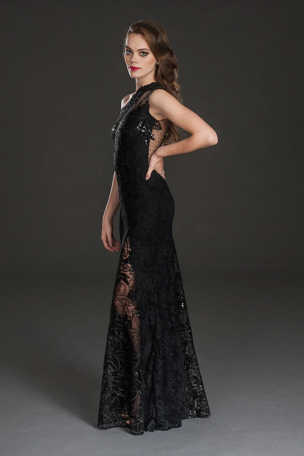 Embellished One Shoulder Gown - Black by Olvi's — alternate view