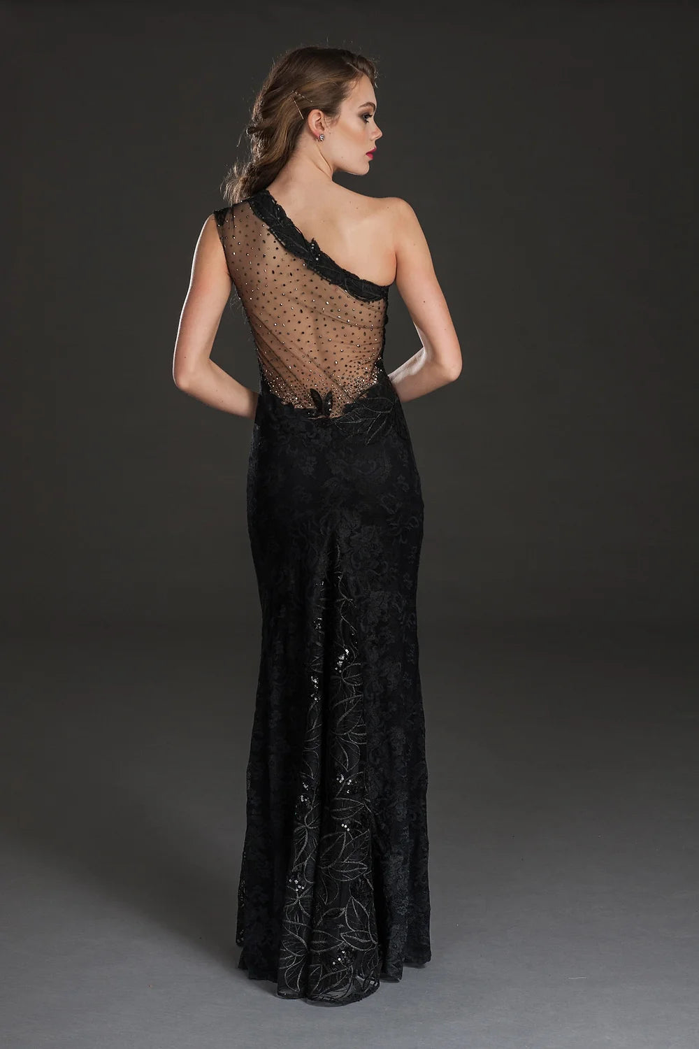 Embellished One Shoulder Gown - Black by Olvi's — view 4