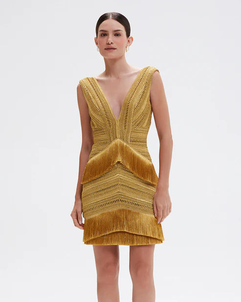 Pampas Fringe Mini Dress - Gold by PatBo — view 4
