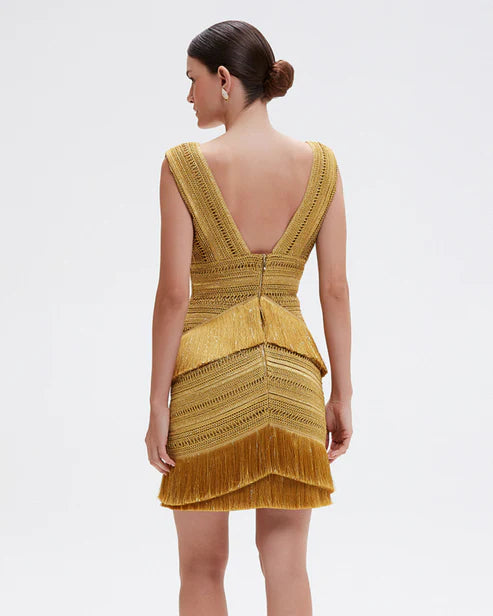 Pampas Fringe Mini Dress - Gold by PatBo — view 3