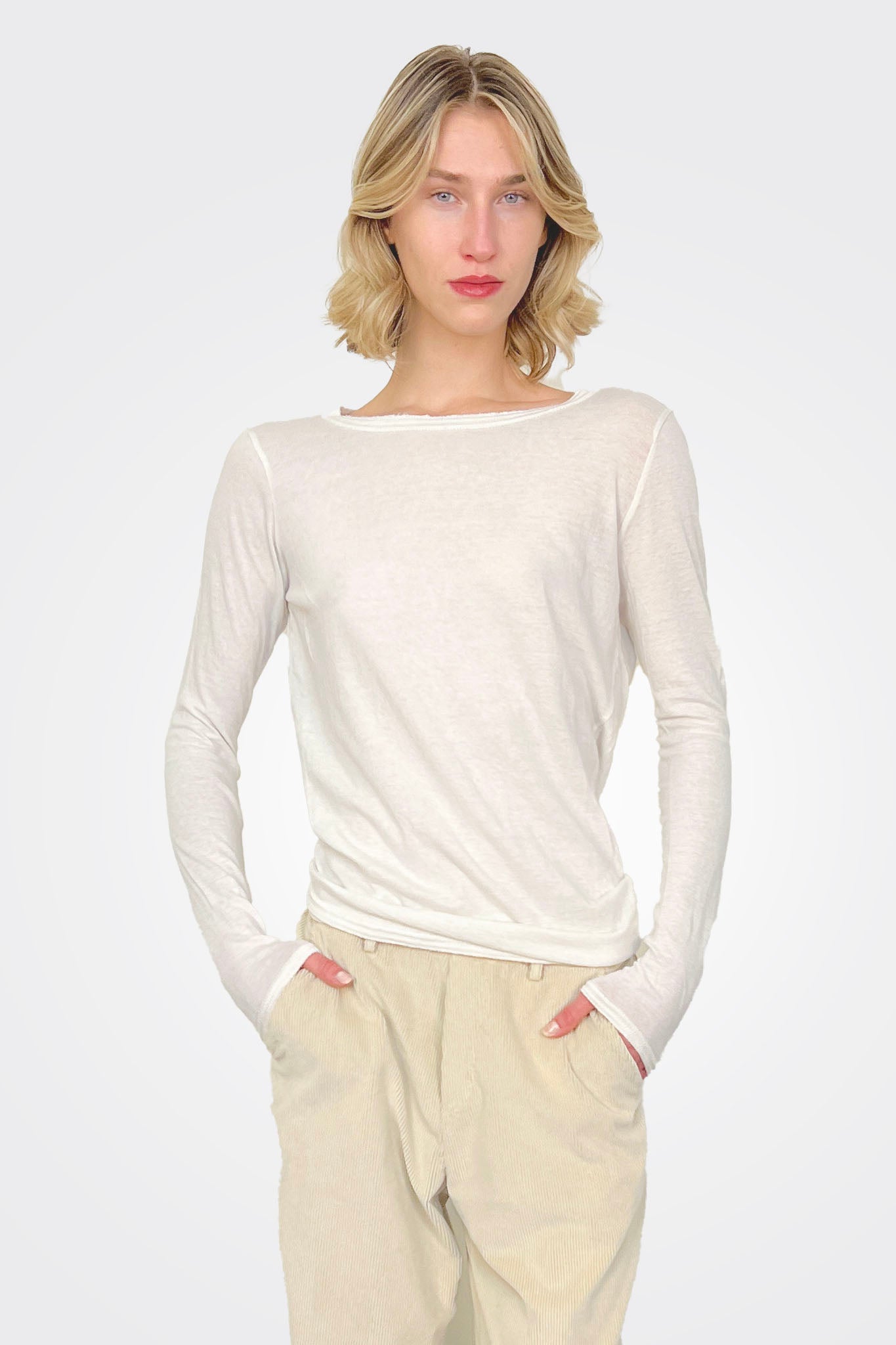 Cotton Wool Rib Mix Crew Neck - Ivory by Pas de Calais — alternate view