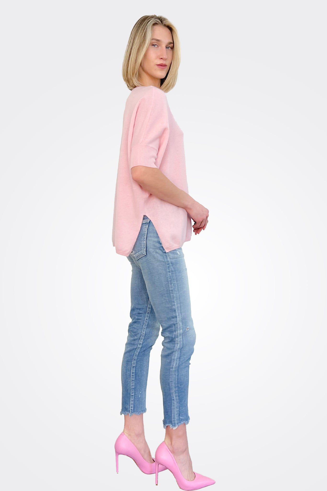 Supima Cotton Cashmere V Neck Sweater - Pink Petal by Minnie Rose — alternate view