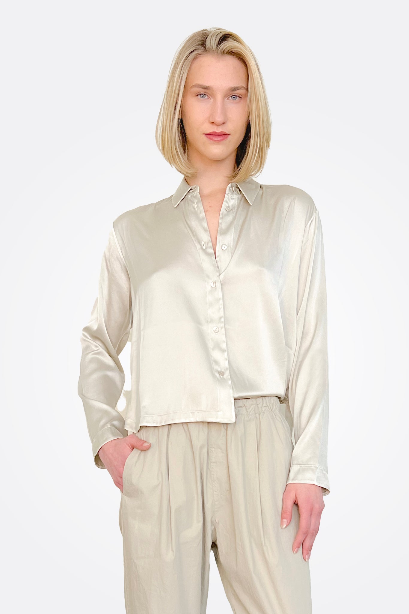 Long Sleeve Stretch Silk Satin Shirt - Pearl Grey by Transit Par-Such | 25 South Boutiques