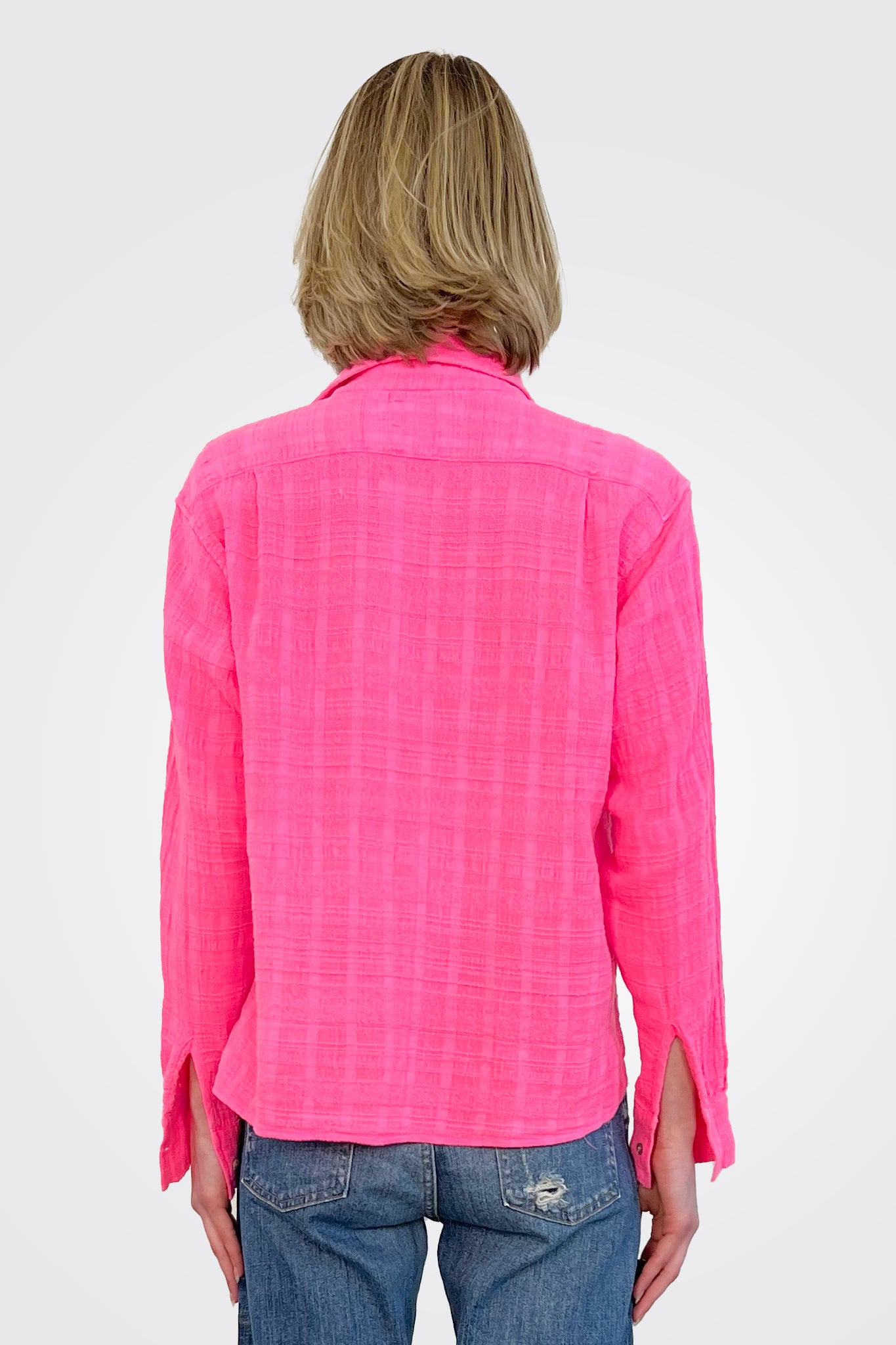 Colt Collared Boy Cropped Plaid Shirt - Pink by Cali Dreaming — view 3