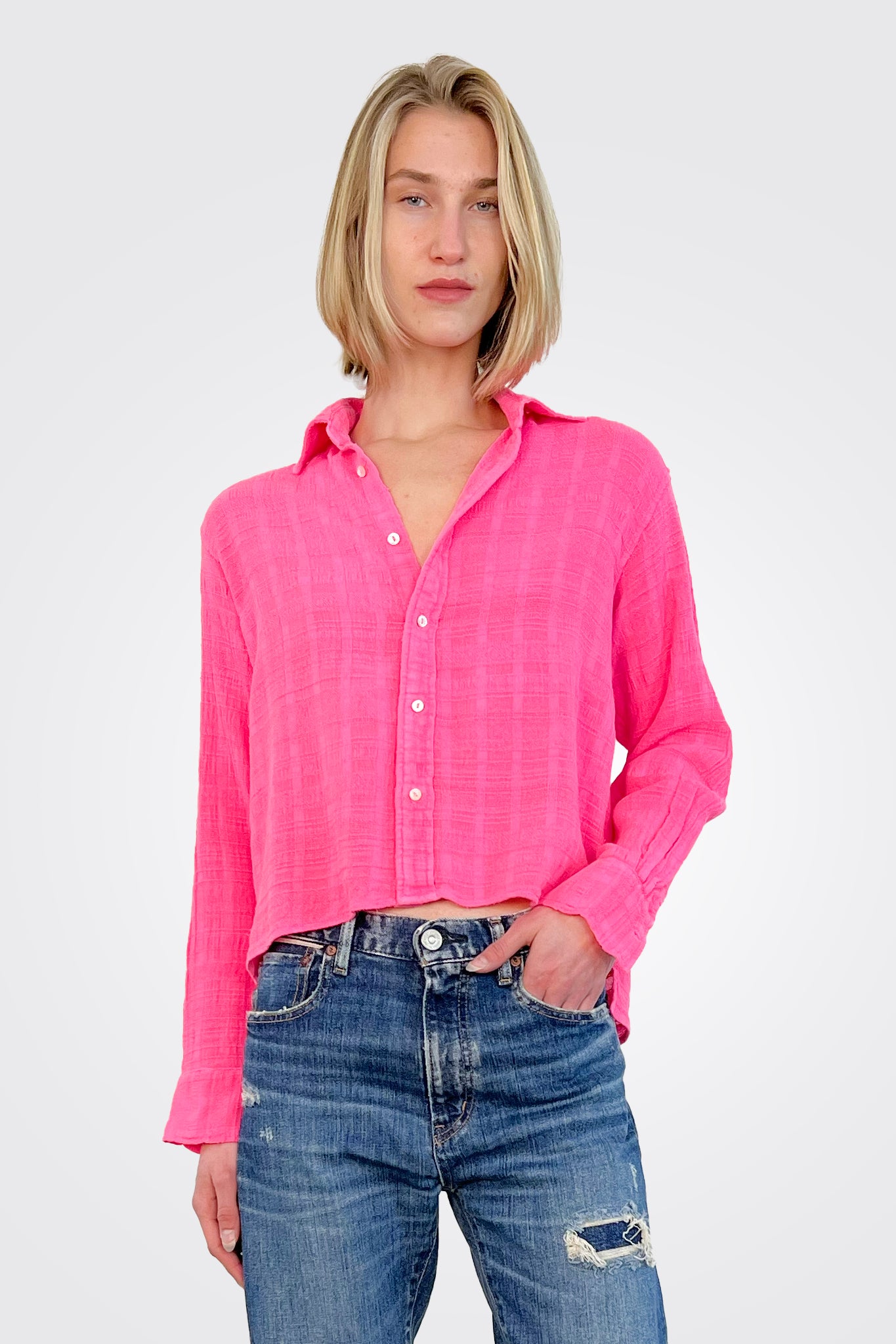Colt Collared Boy Cropped Plaid Shirt - Pink by Cali Dreaming | 25 South Boutiques