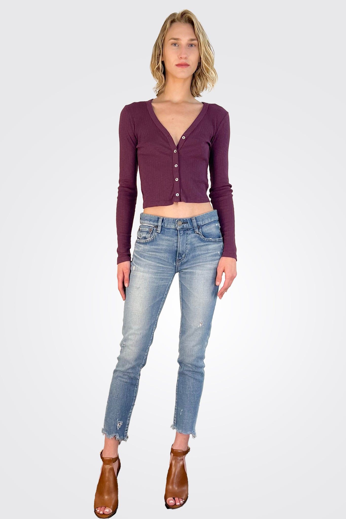 Lyla Ribbed Cardigan - Plum by Michael Stars — view 3
