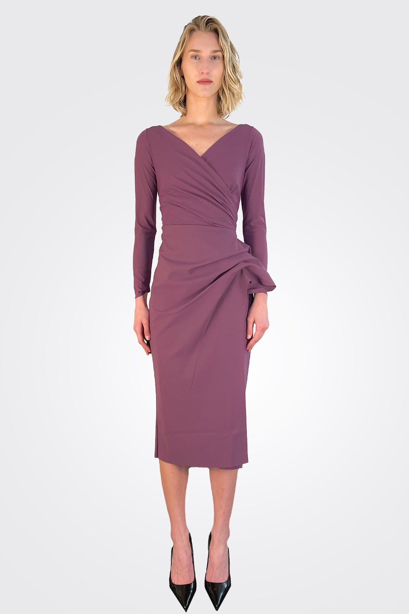 Agna Ruched Ruffle Sheath Dress - Plum by Chiara Boni | 25 South Boutiques