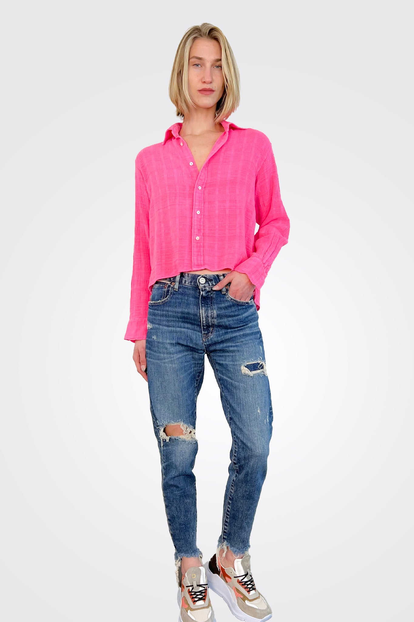 Colt Collared Boy Cropped Plaid Shirt - Pink by Cali Dreaming — view 4