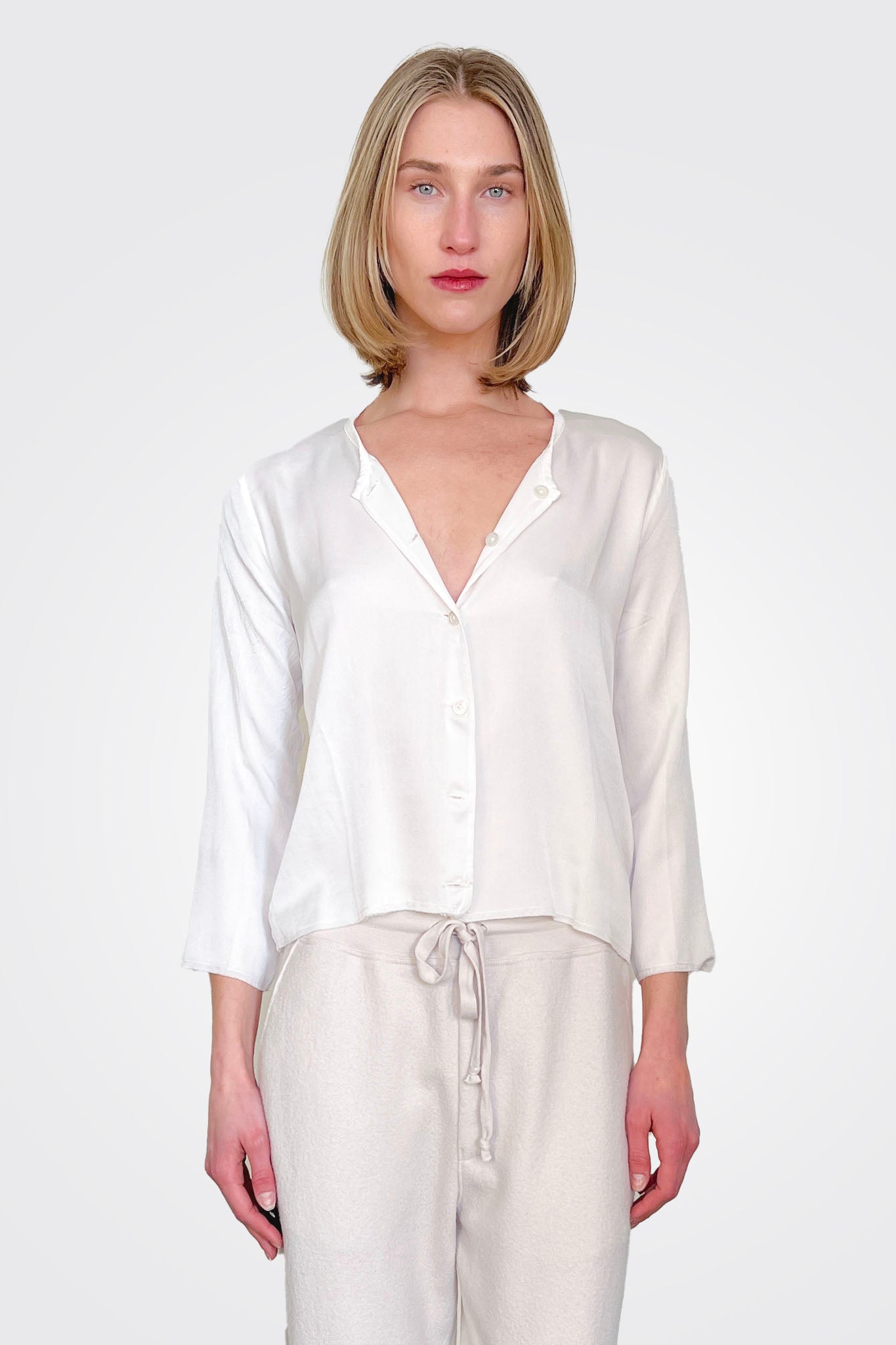 Collarless Crop Silk Shirt - White by Private 0204 | 25 South Boutiques