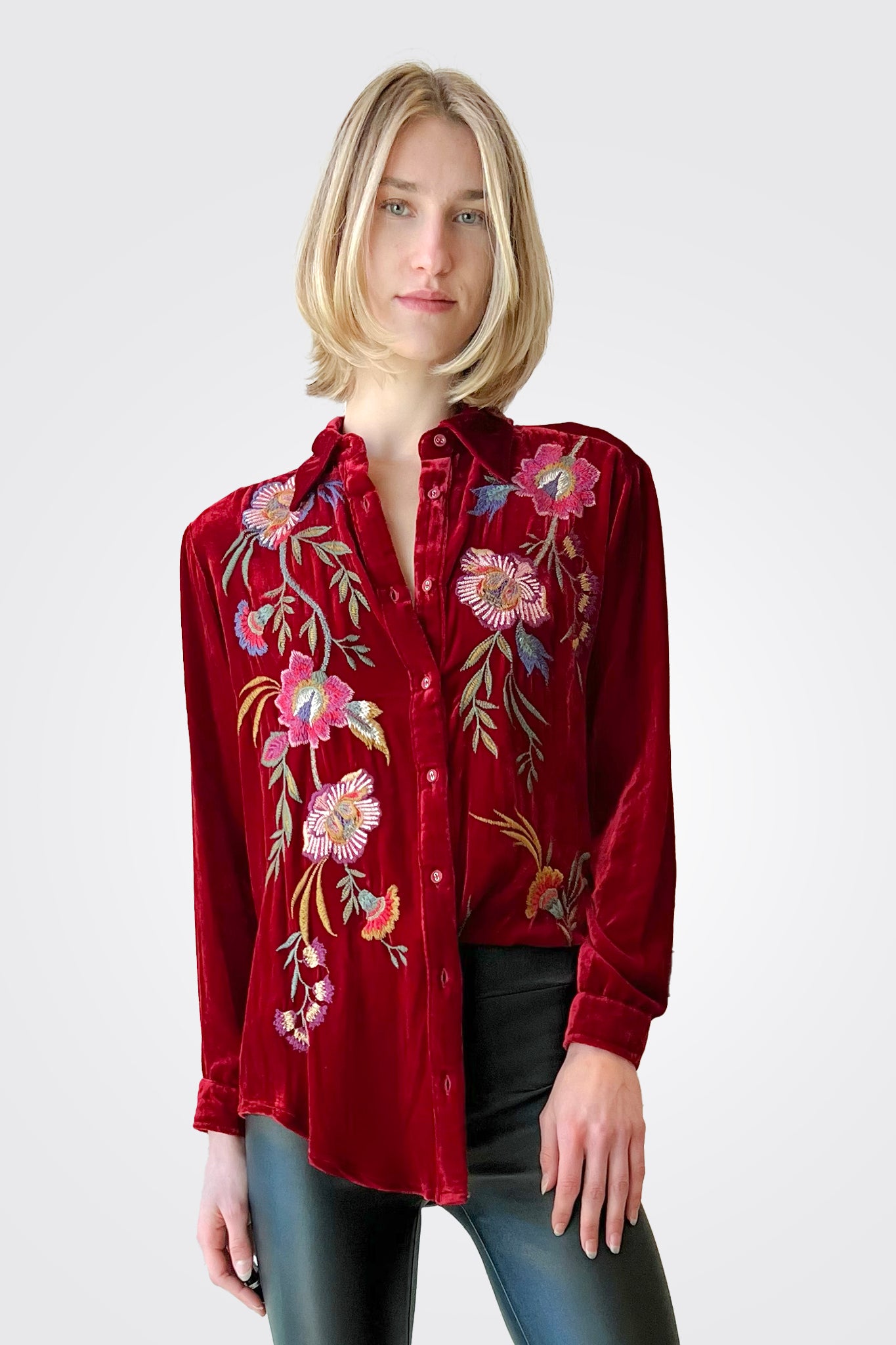 Sidonia Velvet Oversized Shirt - Red by Johnny Was | 25 South Boutiques