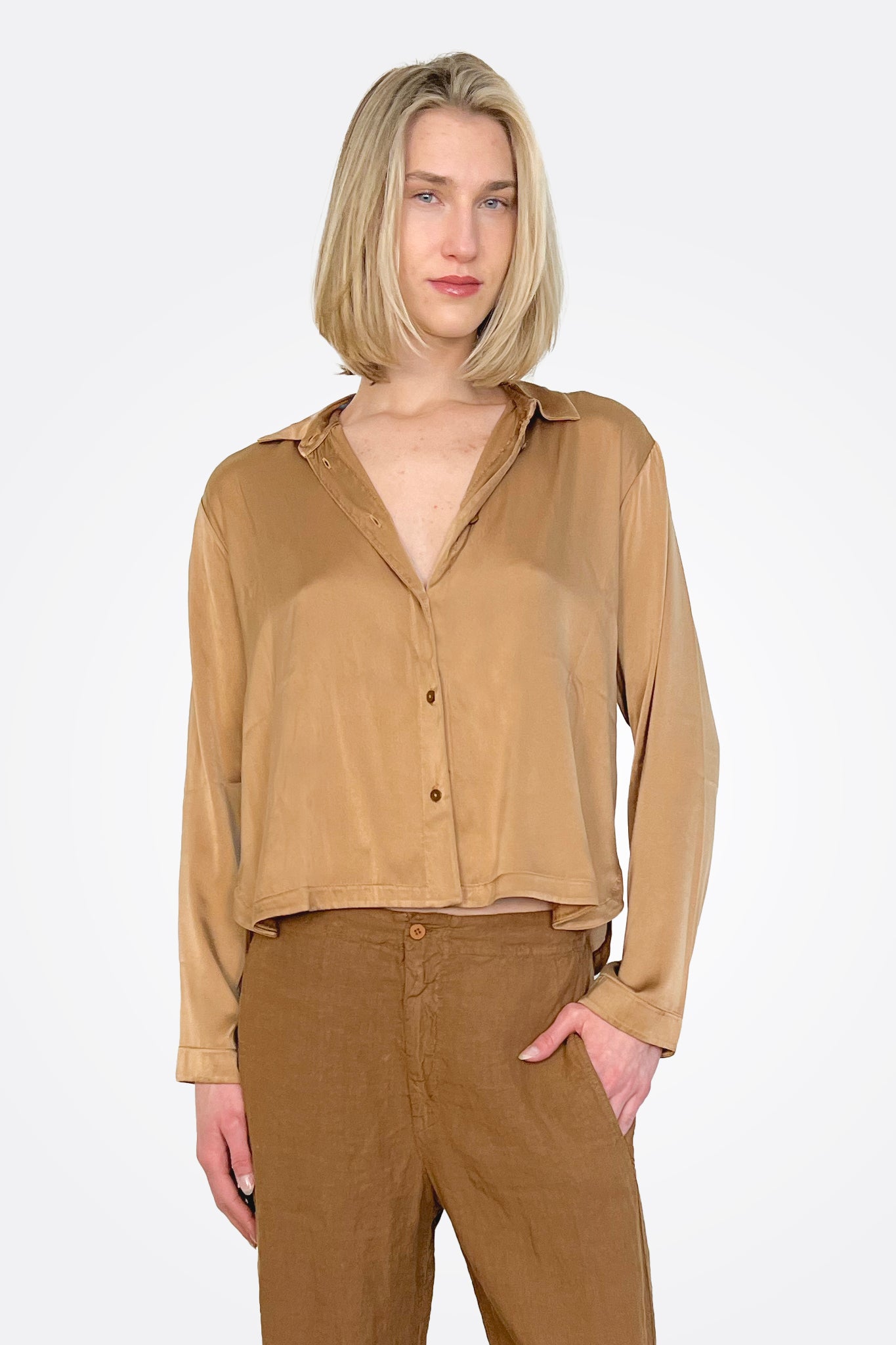 Long Sleeve Stretch Silk Satin Shirt - Rust by Transit Par-Such | 25 South Boutiques