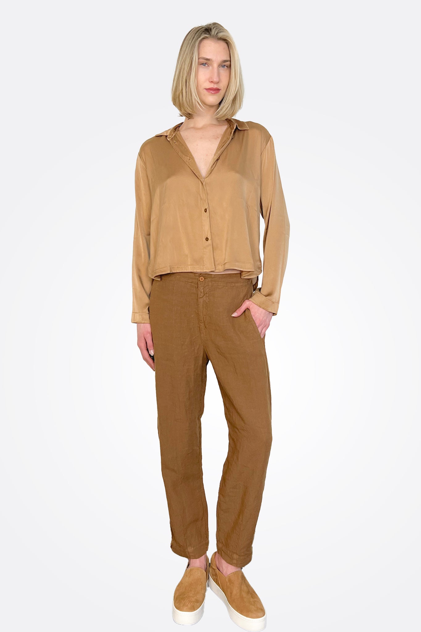 Long Sleeve Stretch Silk Satin Shirt - Rust by Transit Par-Such — view 4