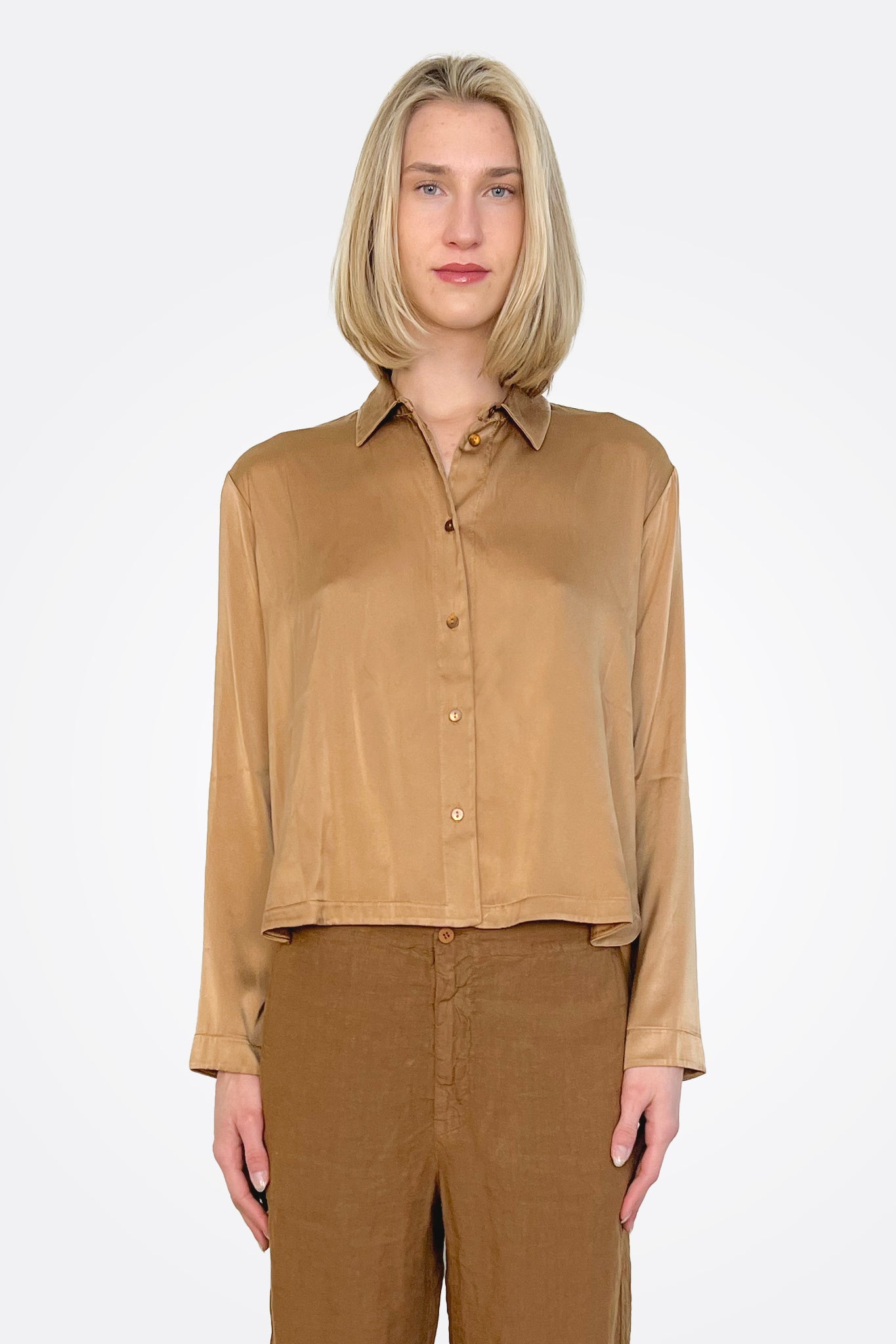 Long Sleeve Stretch Silk Satin Shirt - Rust by Transit Par-Such — view 3