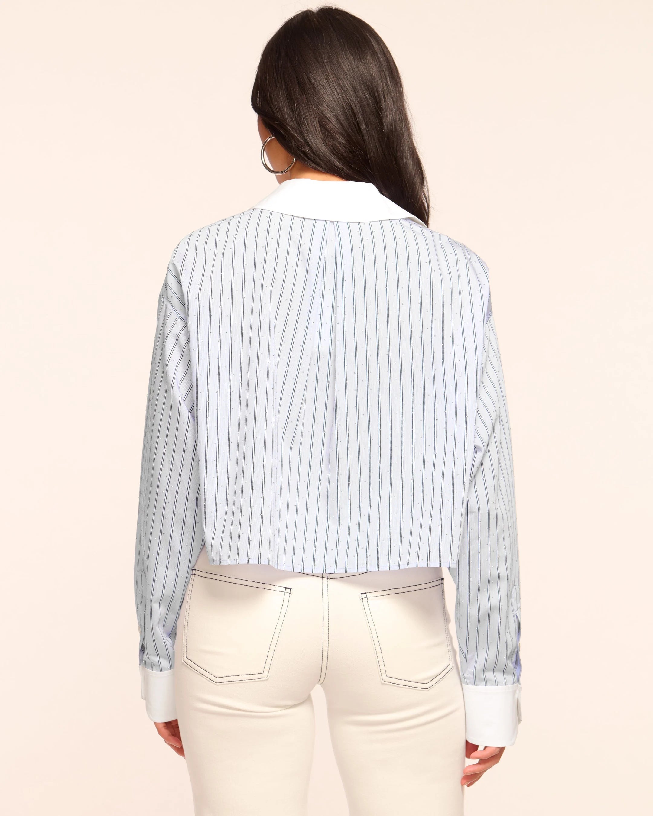 Lennox Embellished Long Sleeve Shirt - Blue Stripe by Ramy Brook — view 3