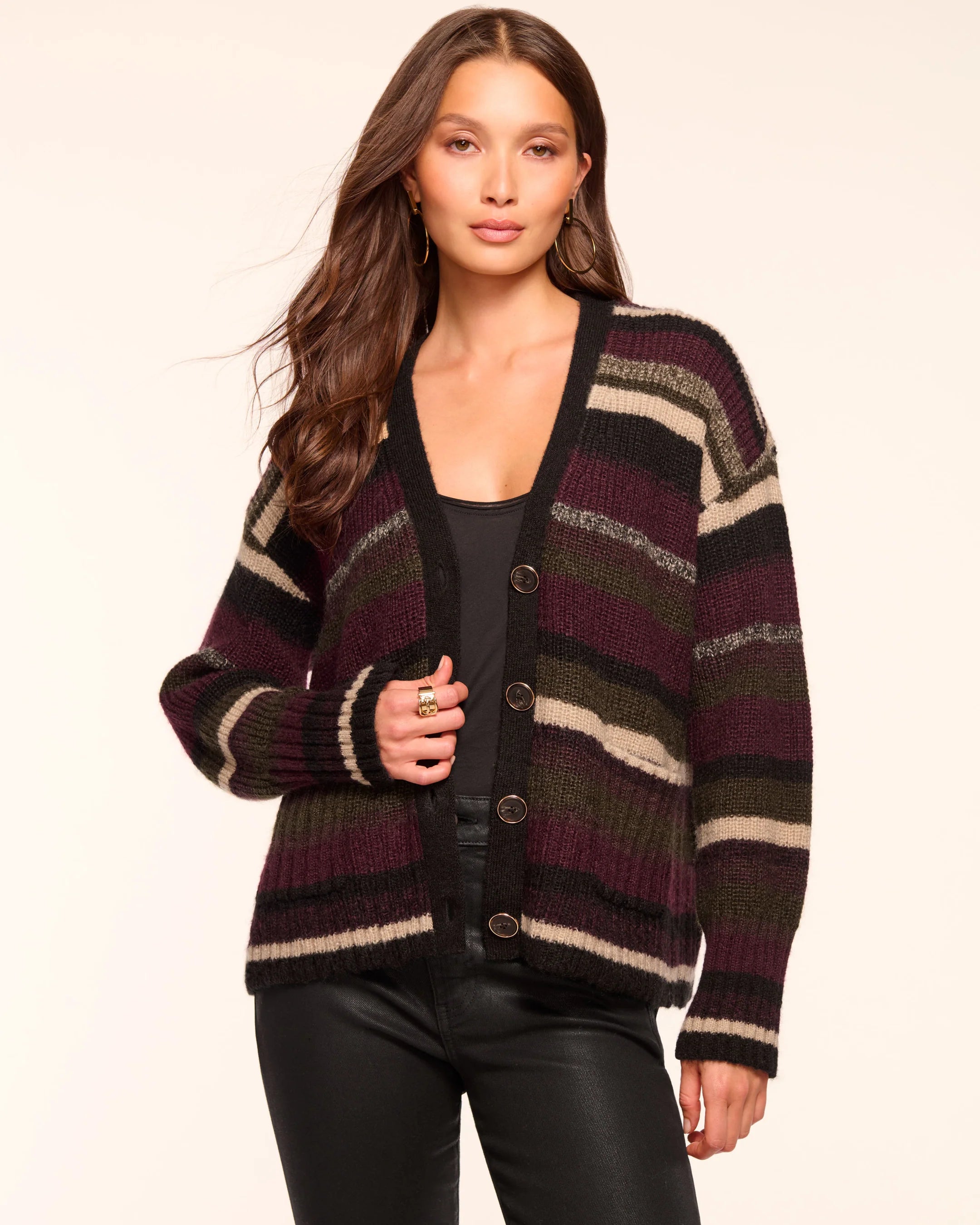 Caroline Striped Cardigan Sweater - Dark Olive Stripe by Ramy Brook — alternate view