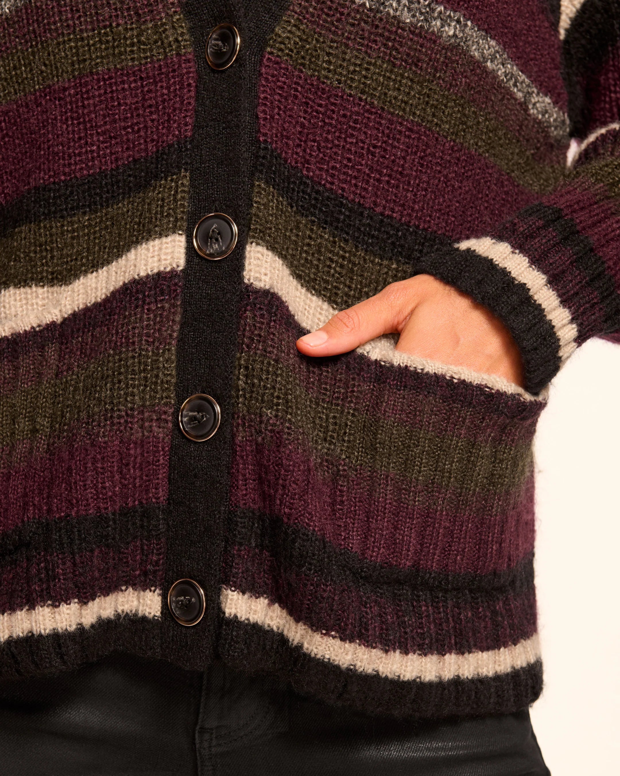 Caroline Striped Cardigan Sweater - Dark Olive Stripe by Ramy Brook — view 3