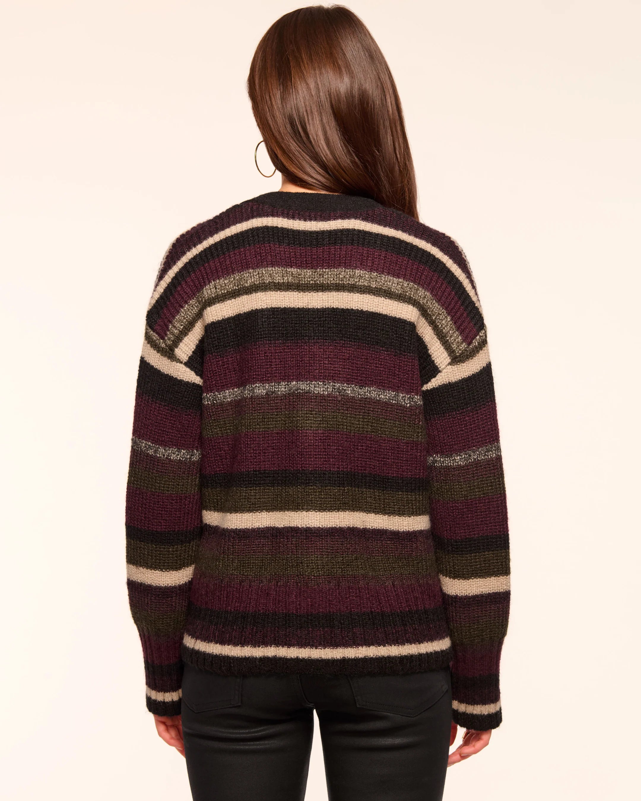 Caroline Striped Cardigan Sweater - Dark Olive Stripe by Ramy Brook — view 4