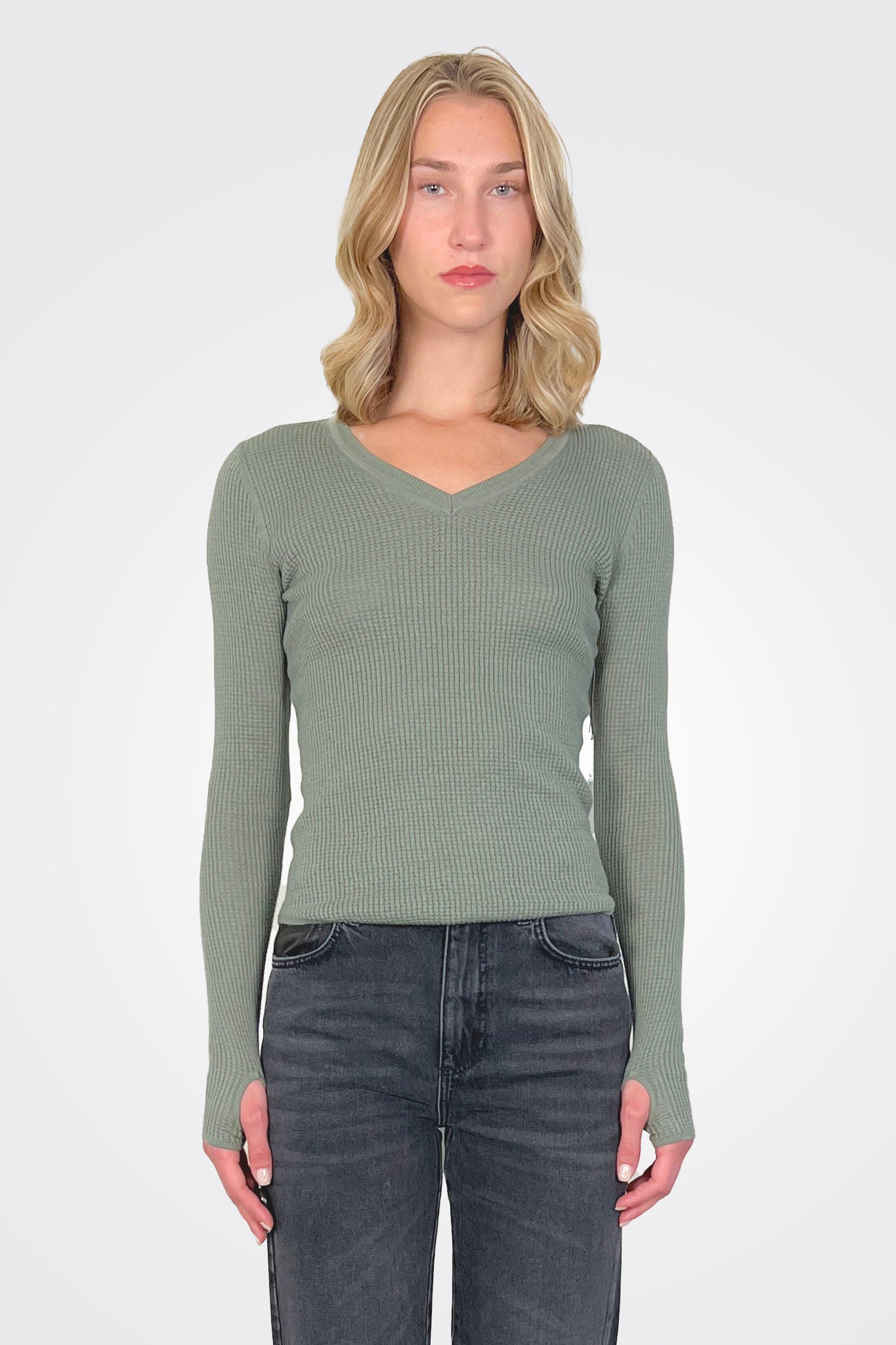 Shirttail Waffle Vee - Sage by Margaret O'Leary | 25 South Boutiques