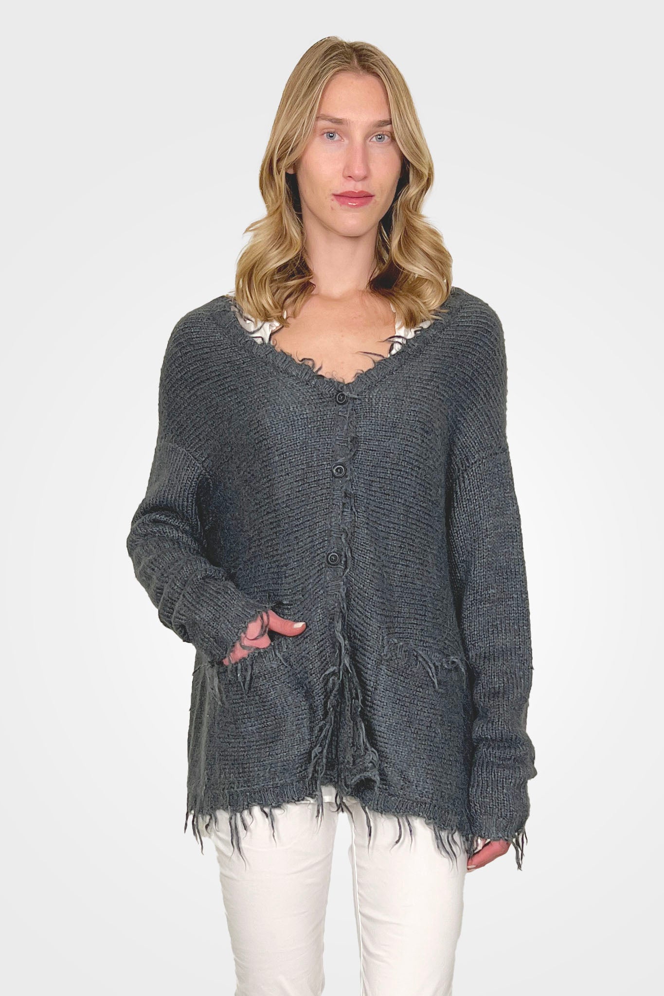 Silk Oversized Raw Edge Cardigan - Seaweed by Rundholz | 25 South Boutiques
