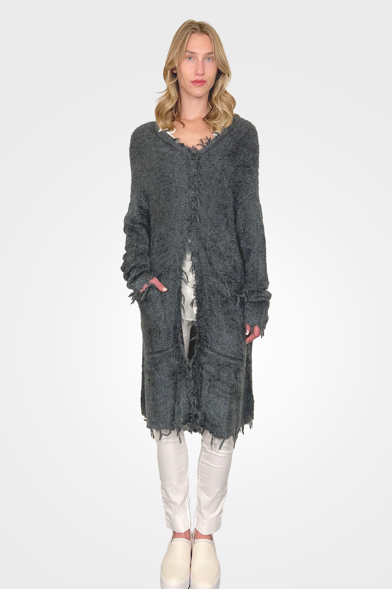Silk Long Raw Edge Cardigan - Seaweed by Rundholz — alternate view