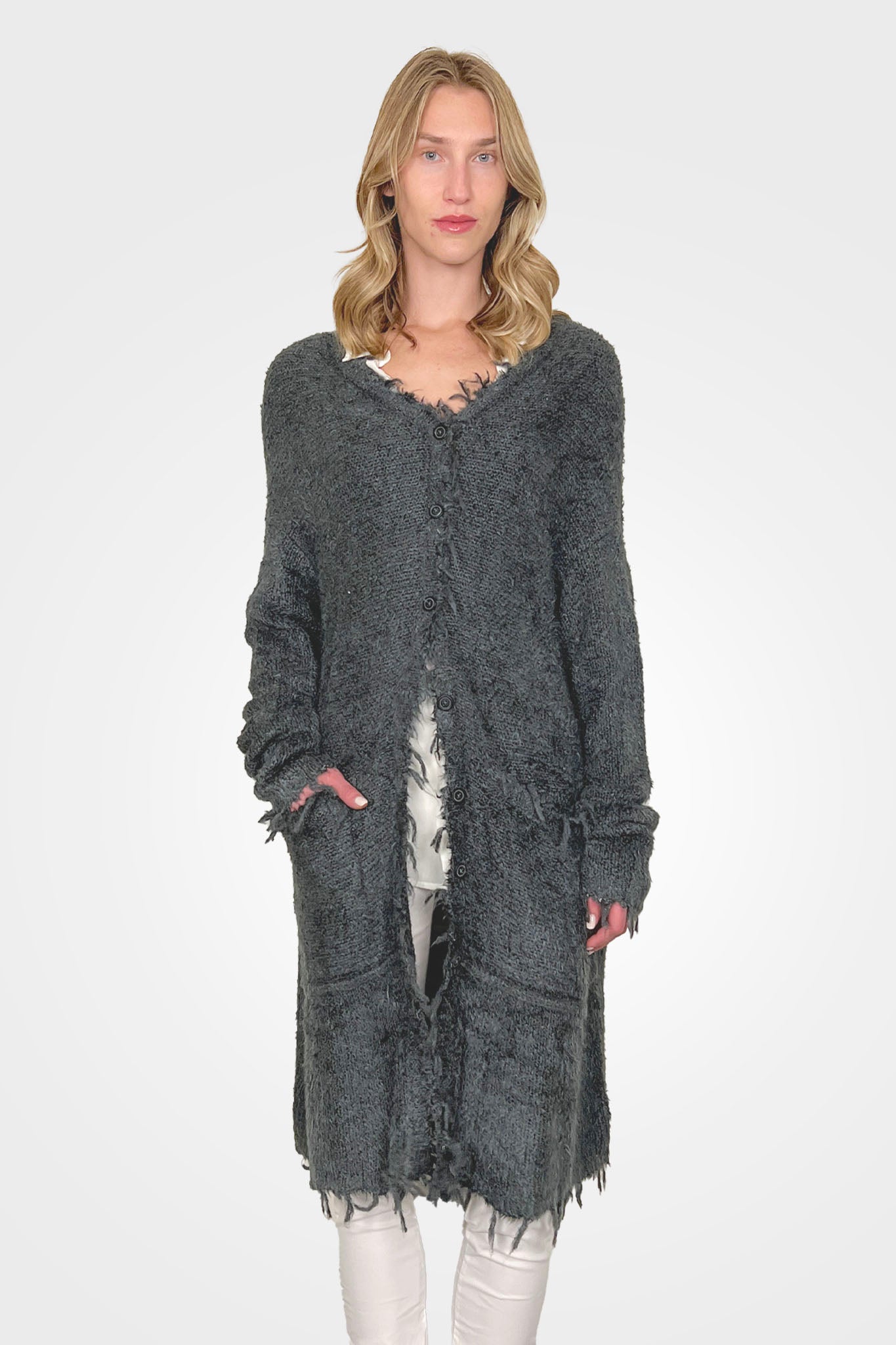 Silk Long Raw Edge Cardigan - Seaweed by Rundholz | 25 South Boutiques