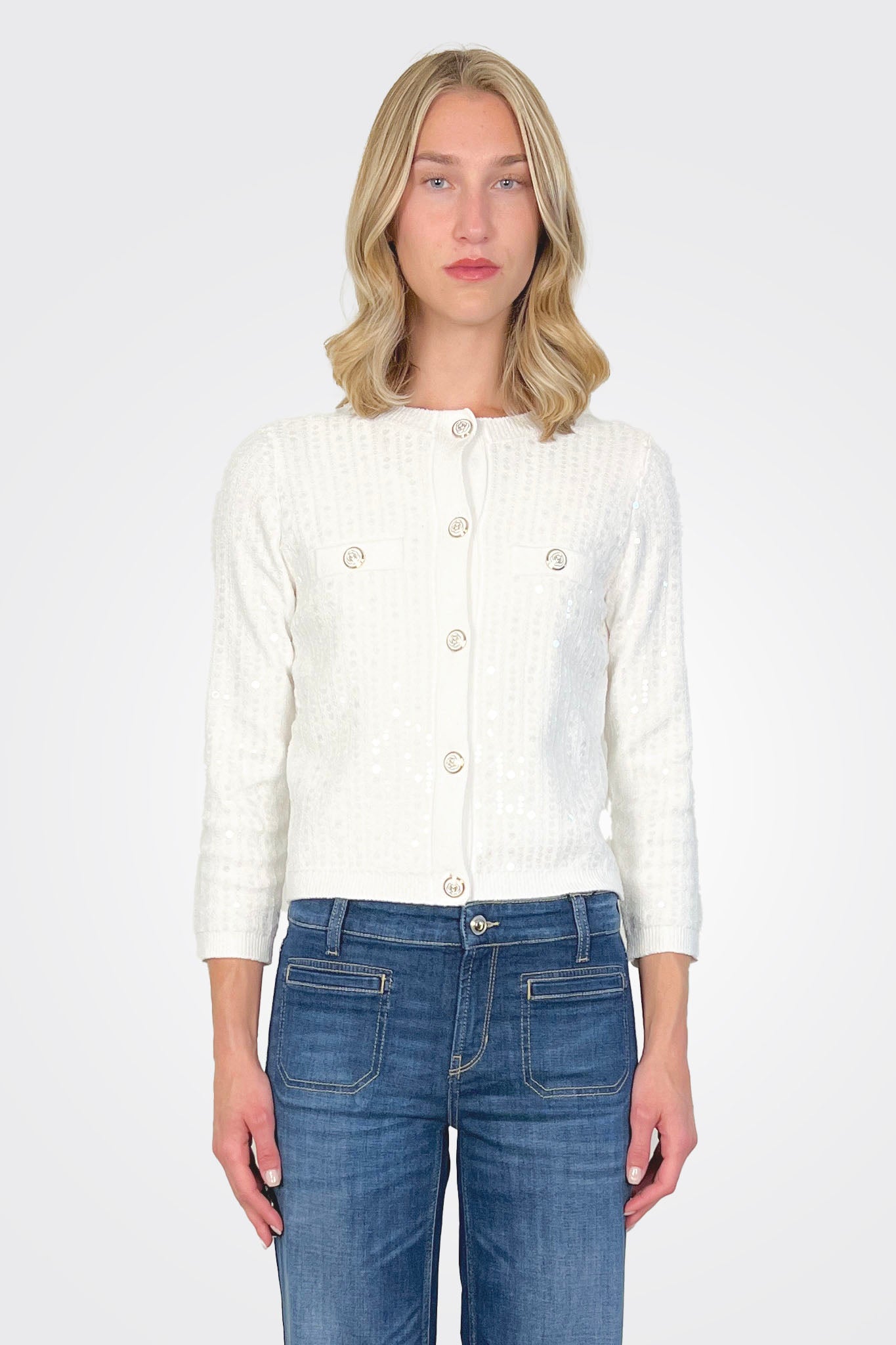 Siena Sequin Embellished Cardigan in Bouclé Knit - Cream by Marella | 25 South Boutiques