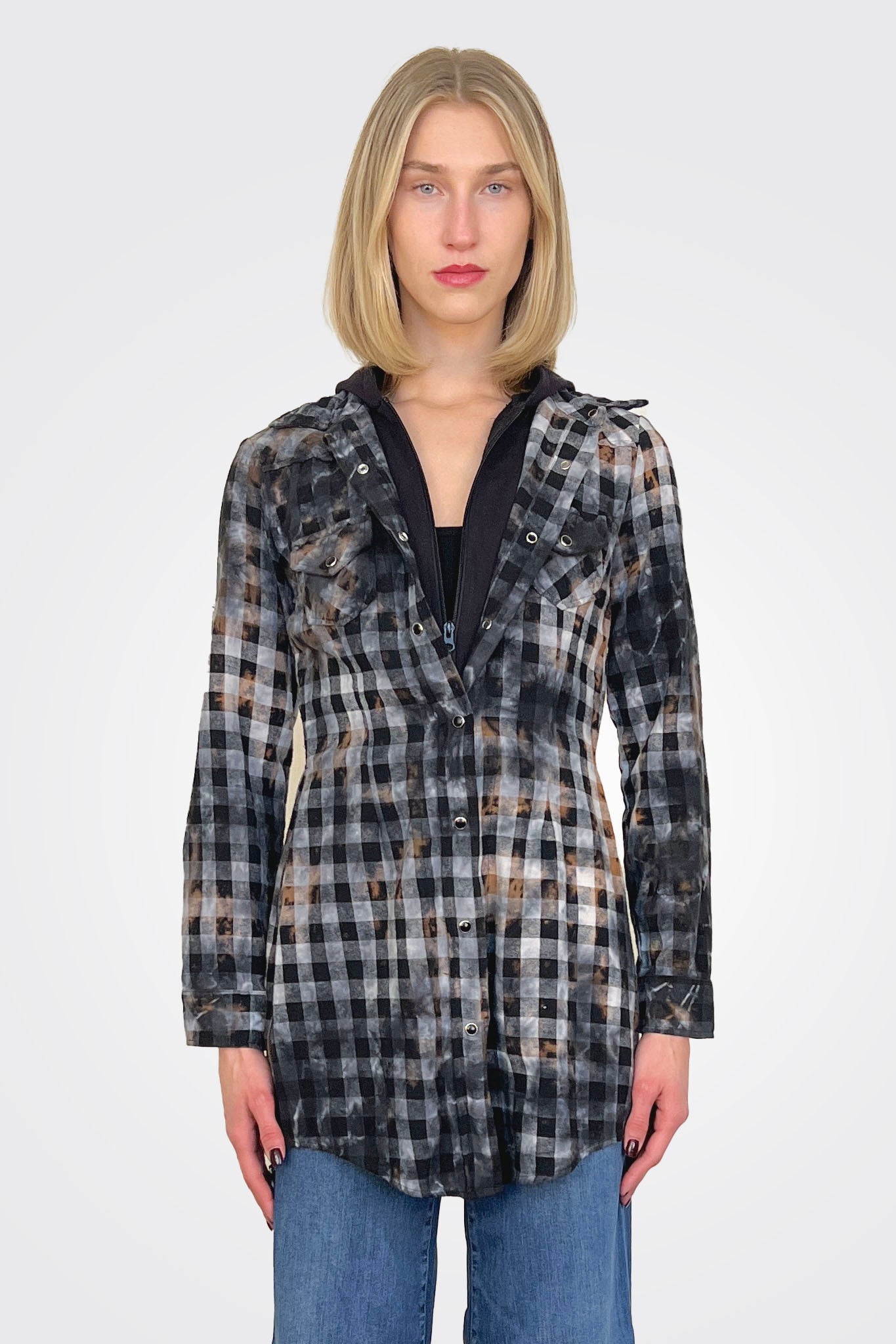 Hooded Plaid Shirt - Black / Grey by The Nu Vintage — alternate view