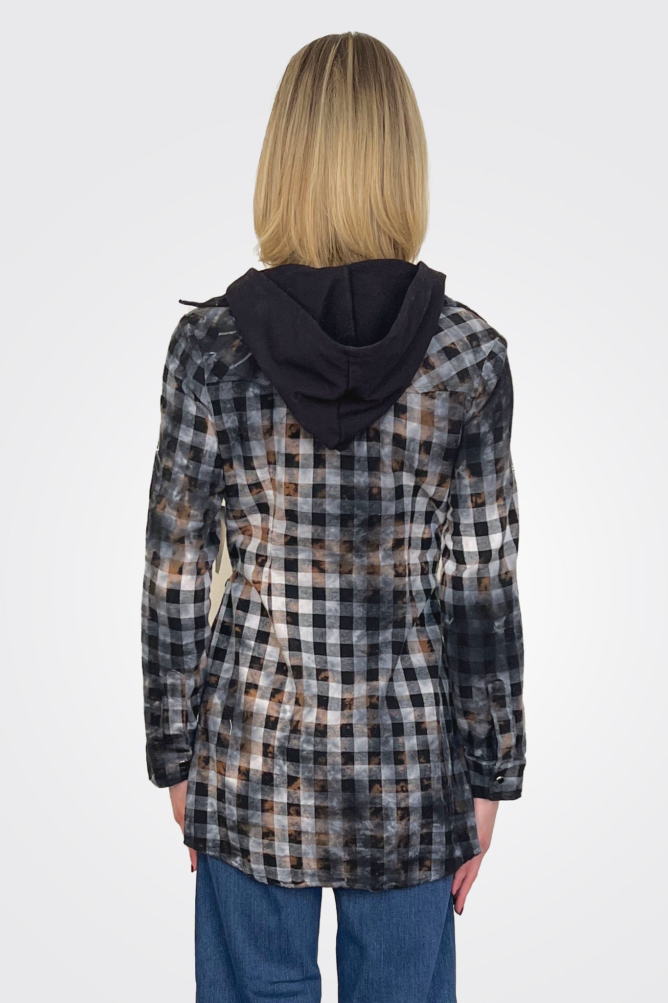 Hooded Plaid Shirt - Black / Grey by The Nu Vintage — view 4