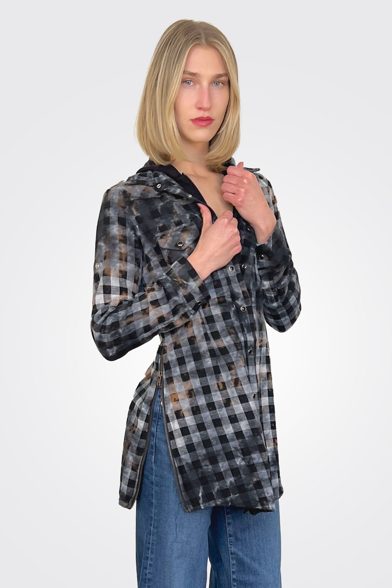 Hooded Plaid Shirt - Black / Grey by The Nu Vintage — view 3
