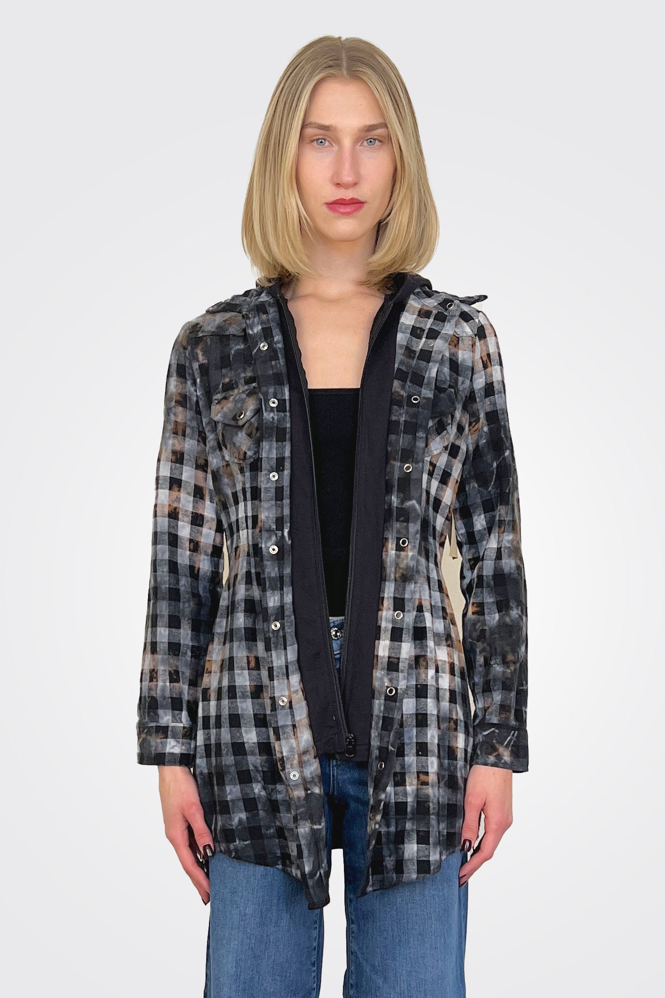 Hooded Plaid Shirt - Black / Grey by The Nu Vintage | 25 South Boutiques