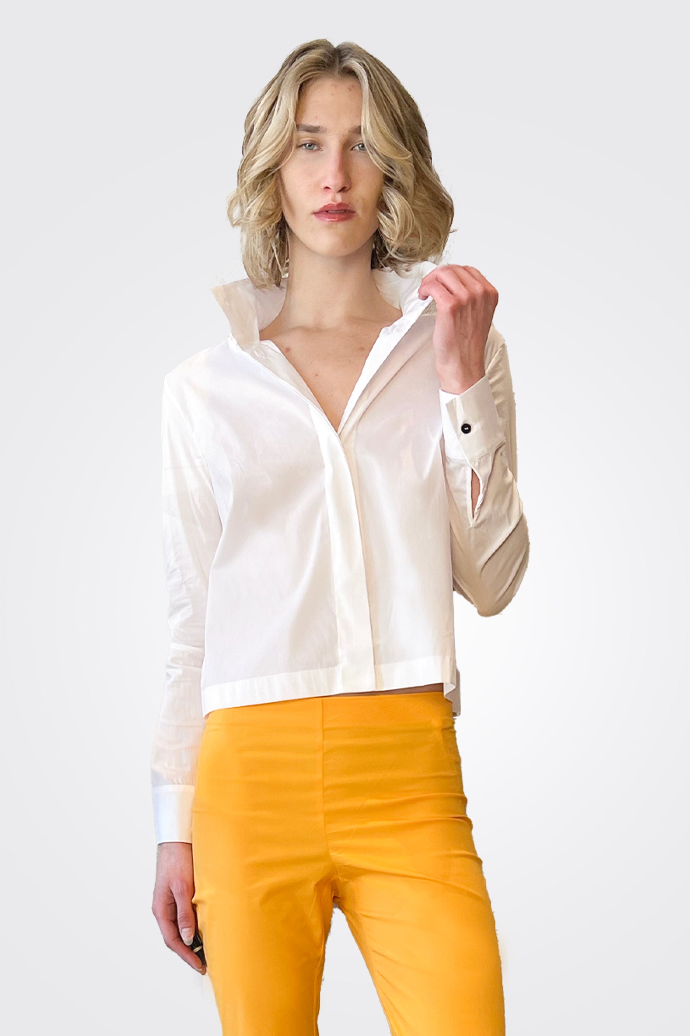 High Collor Button Up Crop Shirt - White by Liviana Conti — view 5