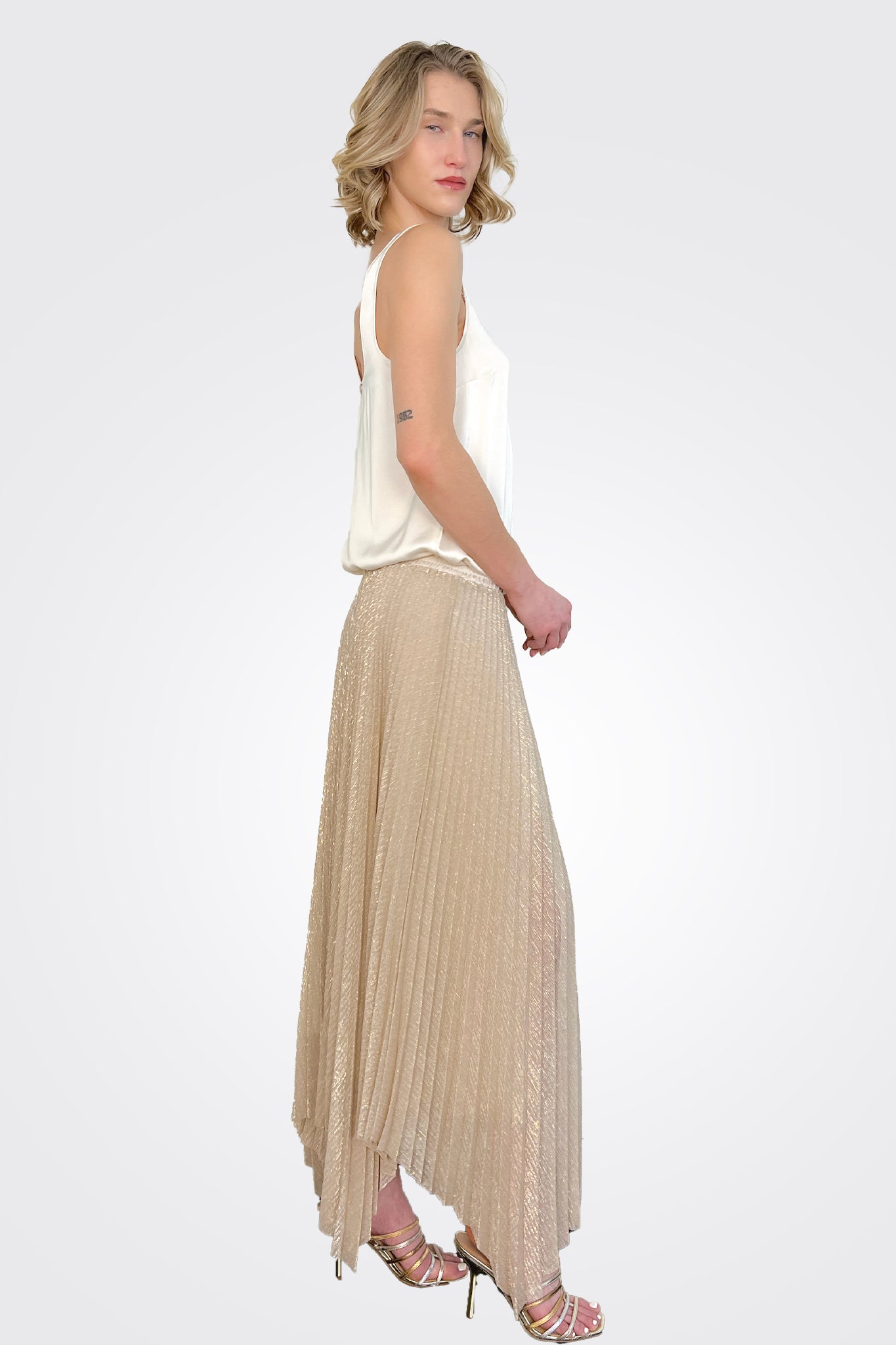 Pleated Lurex Asymmetrical Skirt - Beige by Seventy Venezia — alternate view