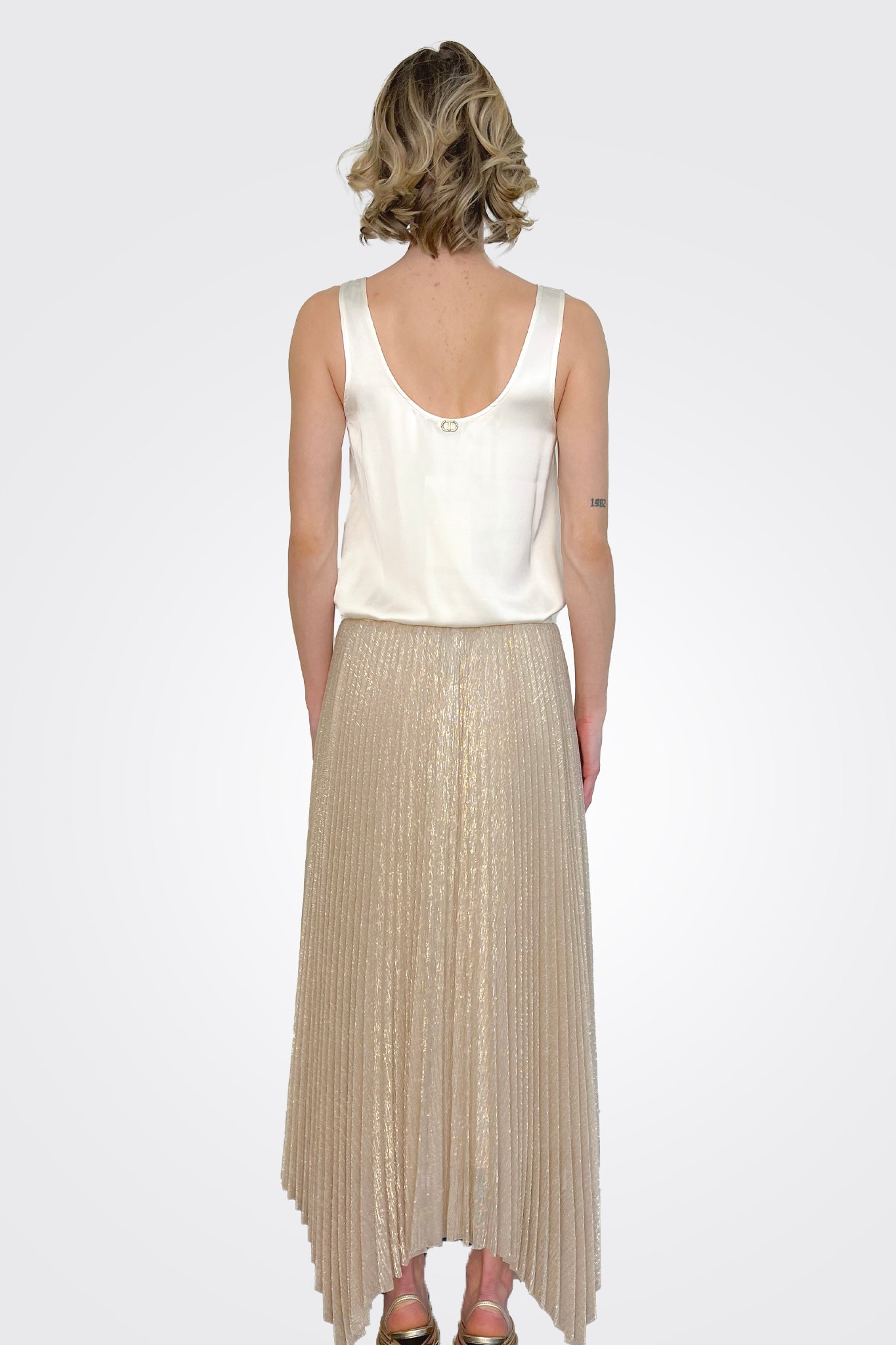 Pleated Lurex Asymmetrical Skirt - Beige by Seventy Venezia — view 3