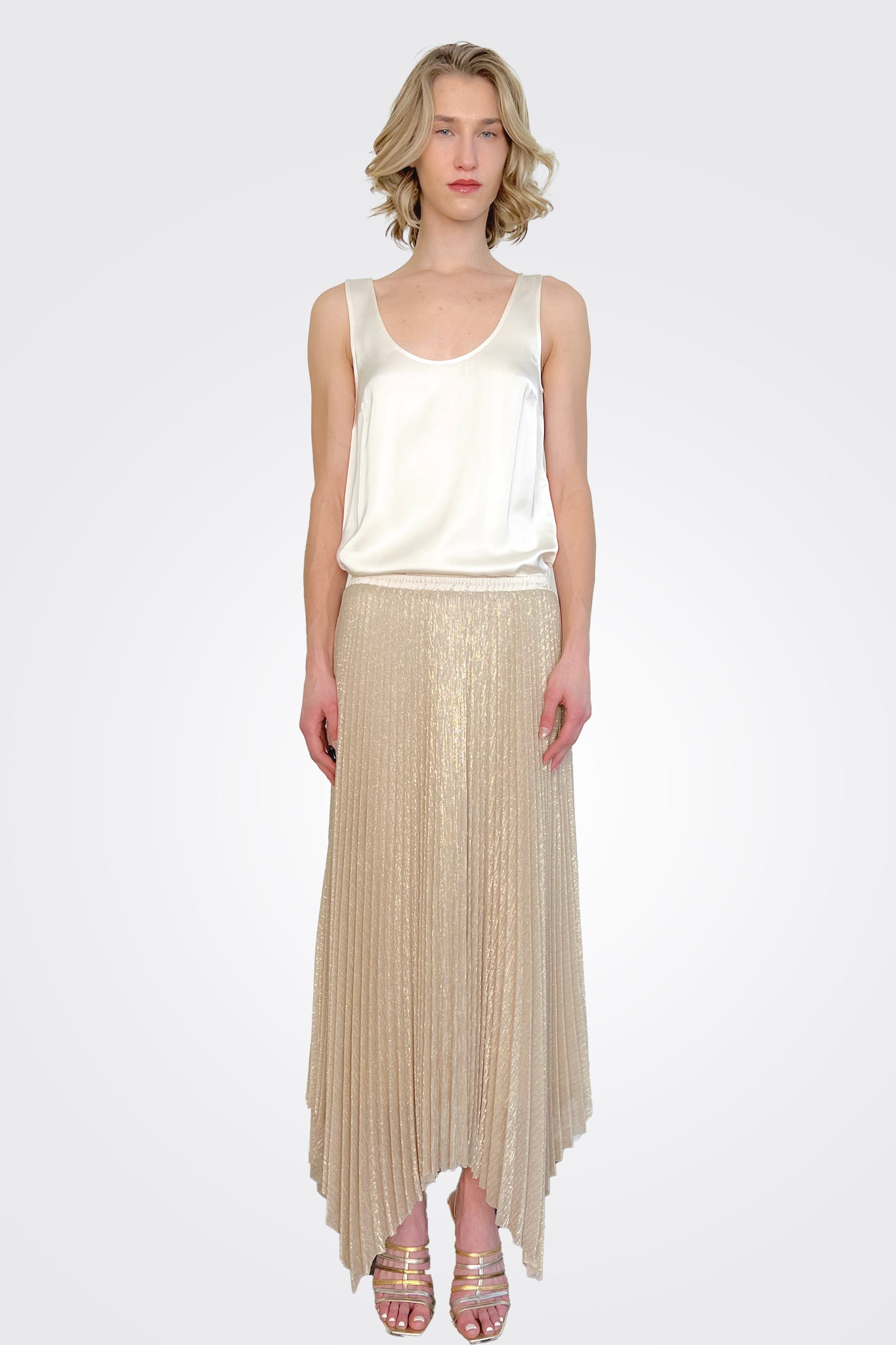 Pleated Lurex Asymmetrical Skirt - Beige by Seventy Venezia | 25 South Boutiques