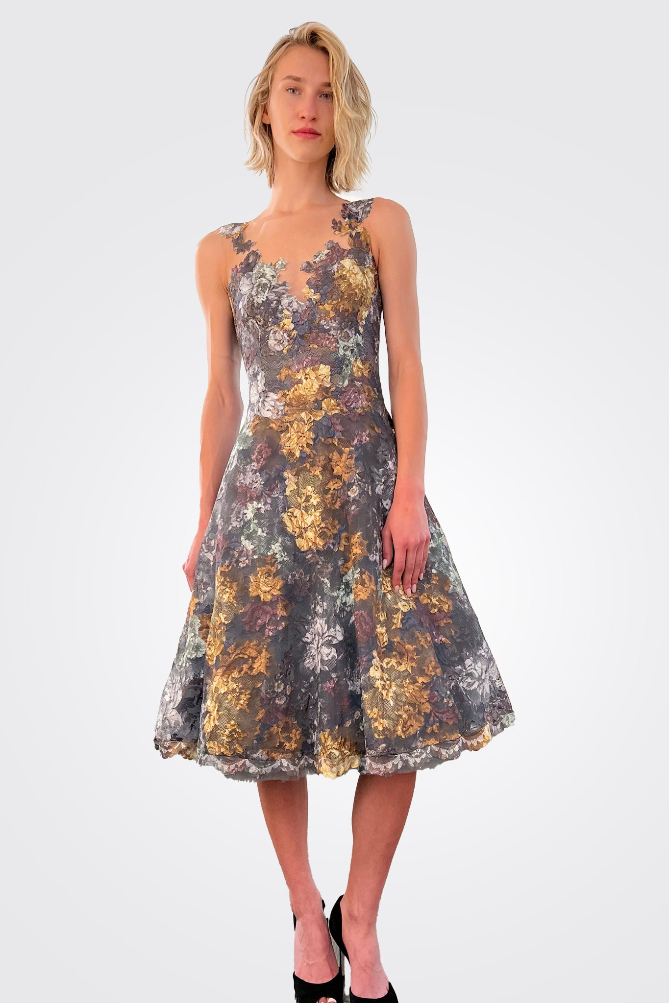Floral Lace Tea Length Dress - Hazel Ash by Olvi's — view 4