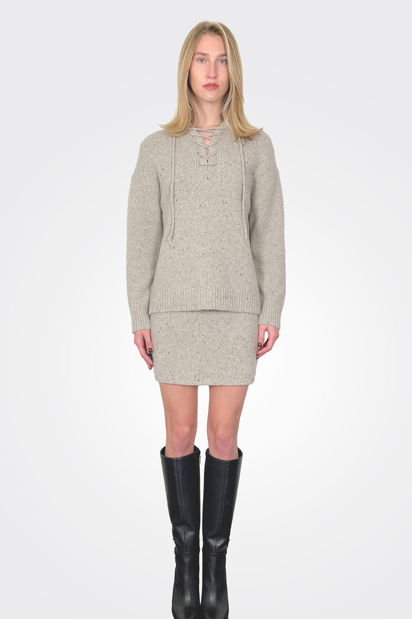 Speckled Tweed Tie Neck Pullover - Beige by Theory — alternate view