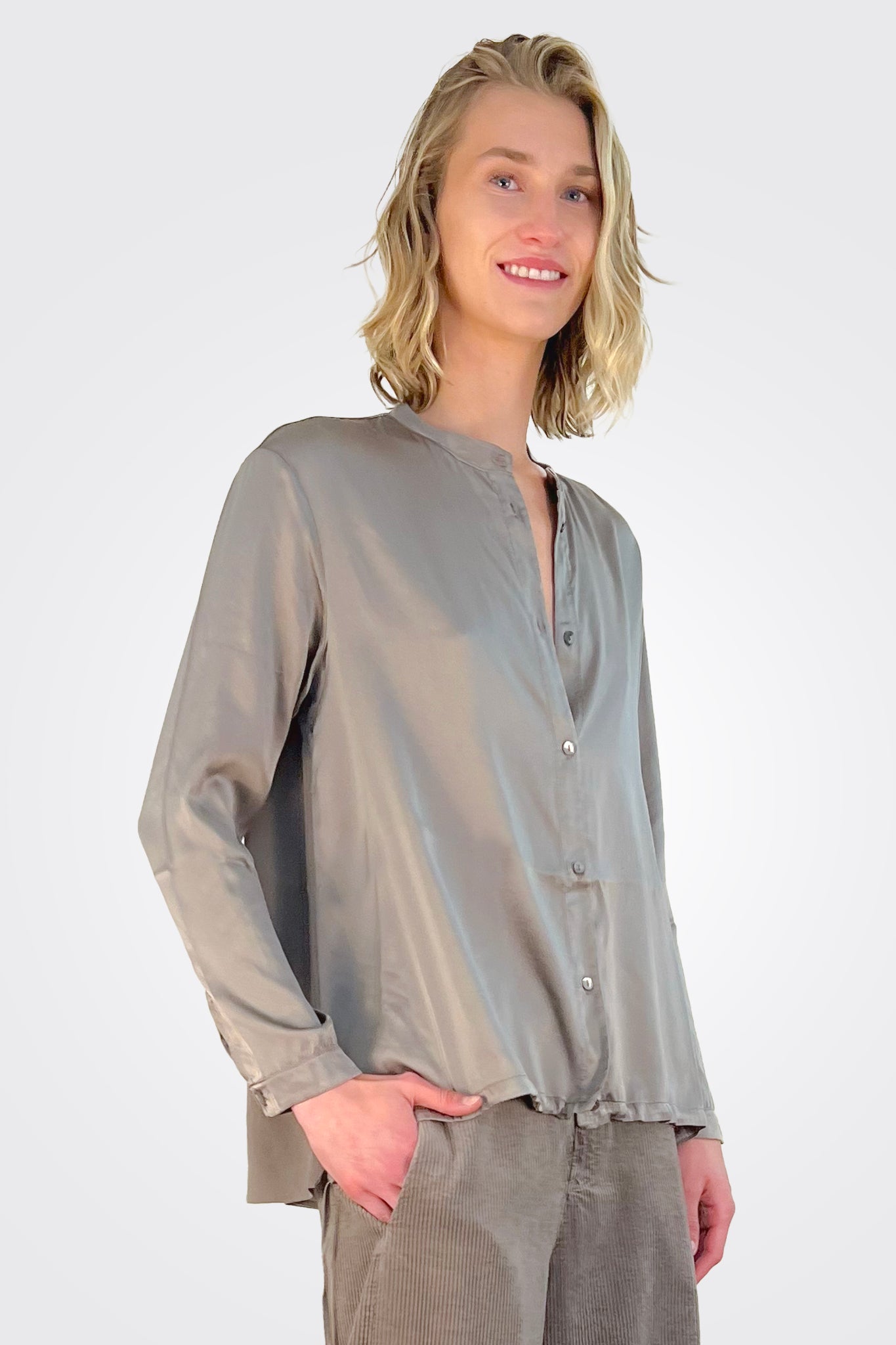 Button Down Tie Shirt - Taupe by Transit Par-Such — view 3