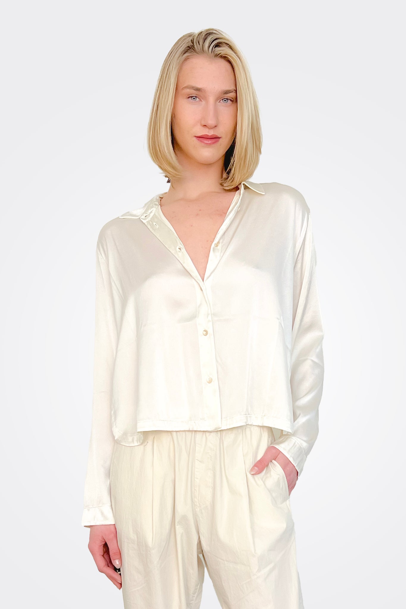 Long Sleeve Stretch Silk Satin Shirt - Ivory by Transit Par-Such | 25 South Boutiques