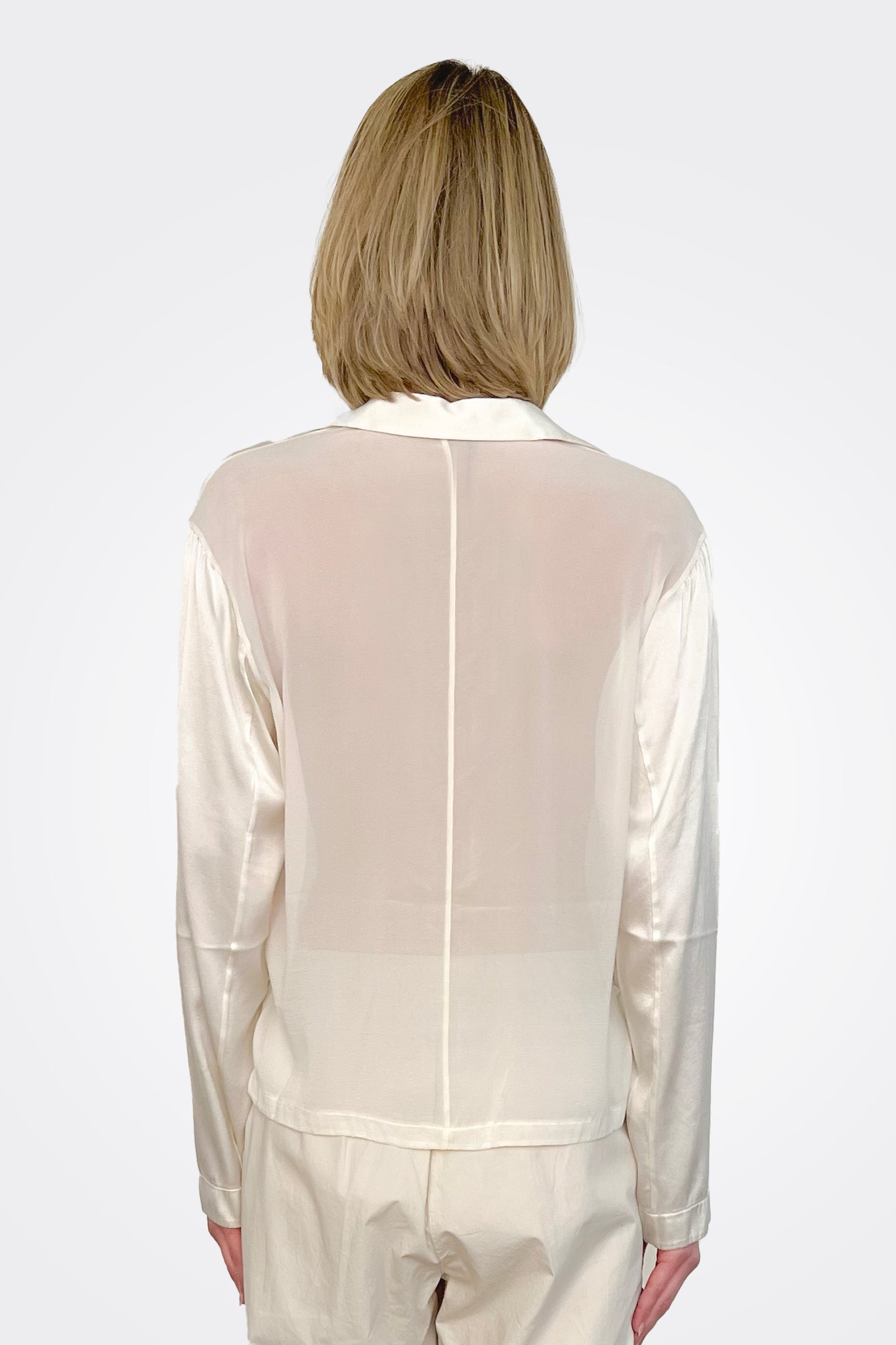 Long Sleeve Stretch Silk Satin Shirt - Ivory by Transit Par-Such — view 3