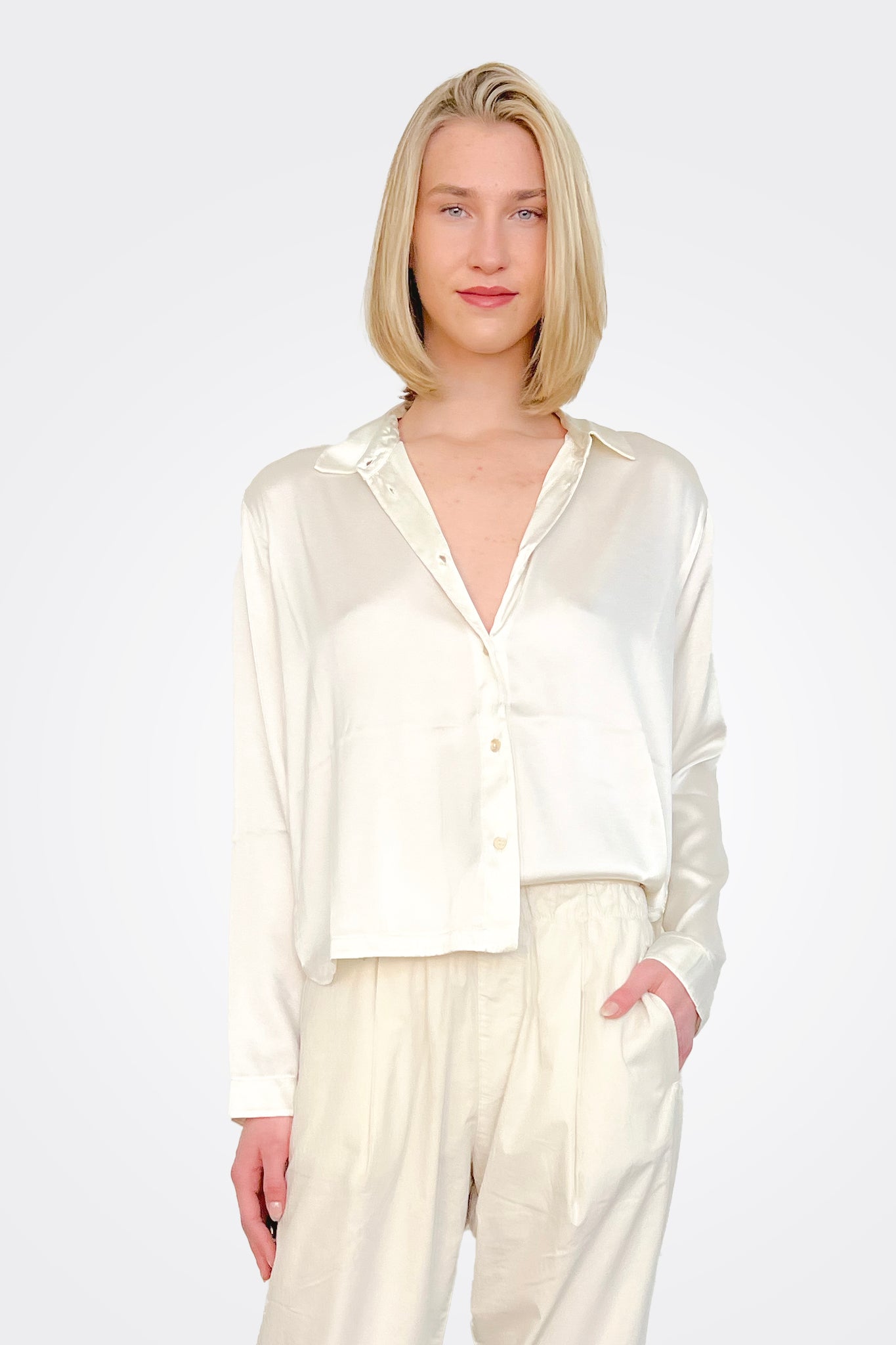 Long Sleeve Stretch Silk Satin Shirt - Ivory by Transit Par-Such — alternate view