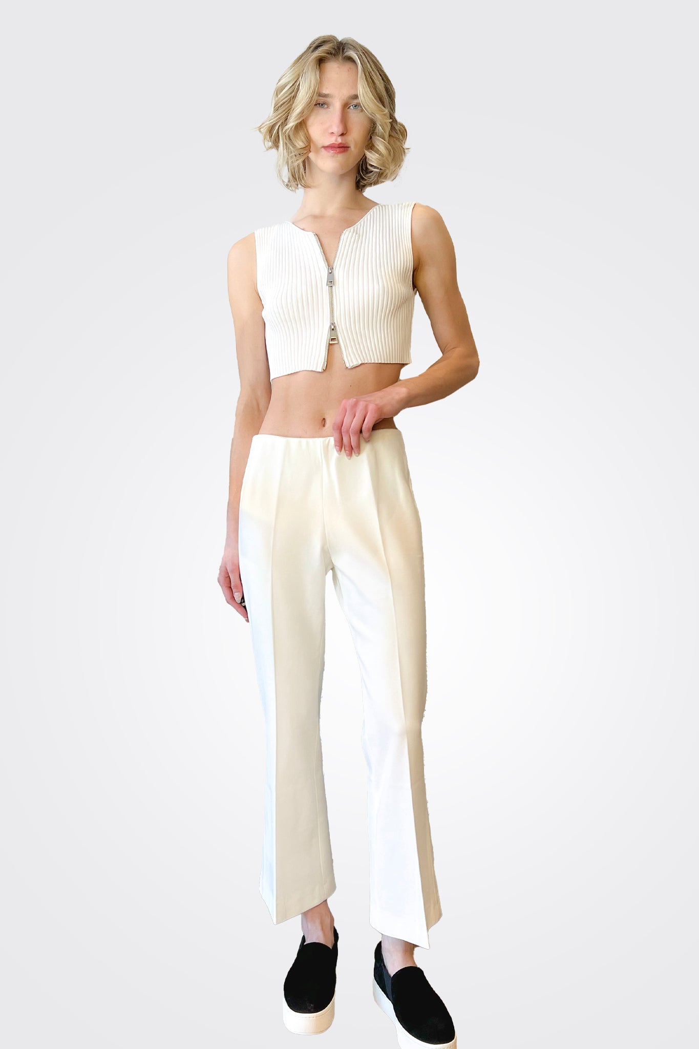 Cropped Ribbed Zip Top - Cream by Liviana Conti — view 3