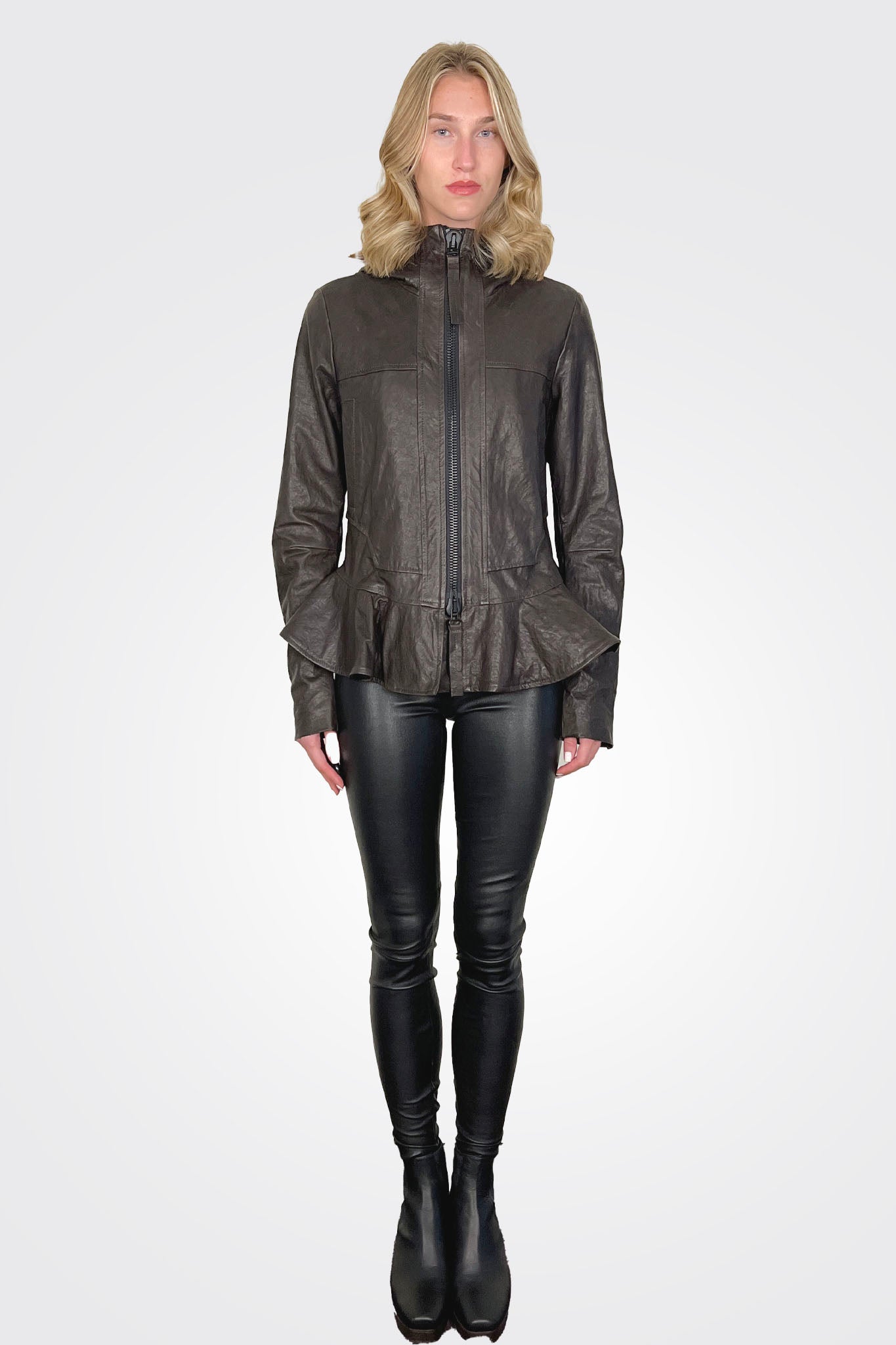 Flared Hem Hooded Leather Jacket - Turf by Rundholz — view 4