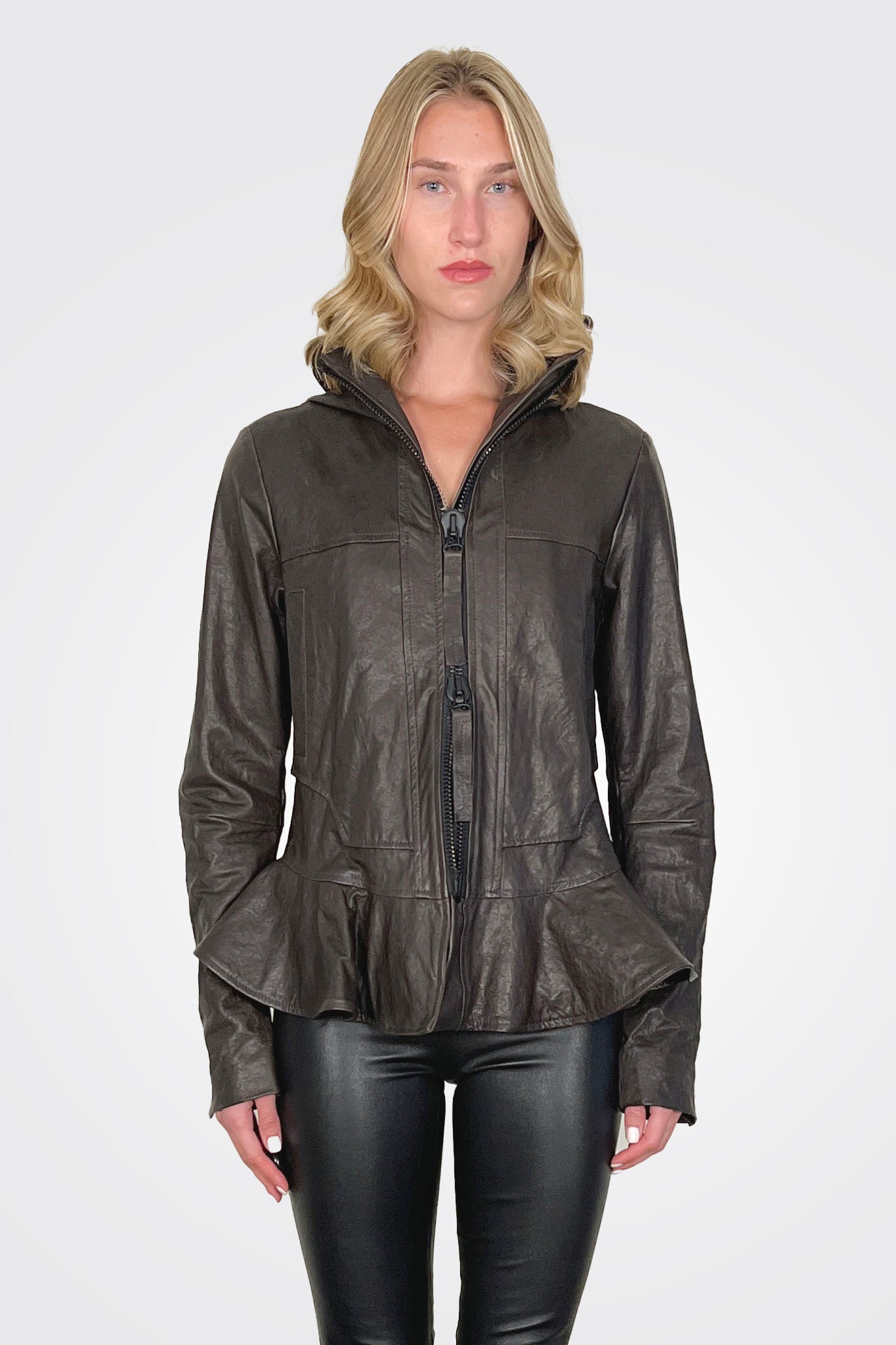 Flared Hem Hooded Leather Jacket - Turf by Rundholz — view 3