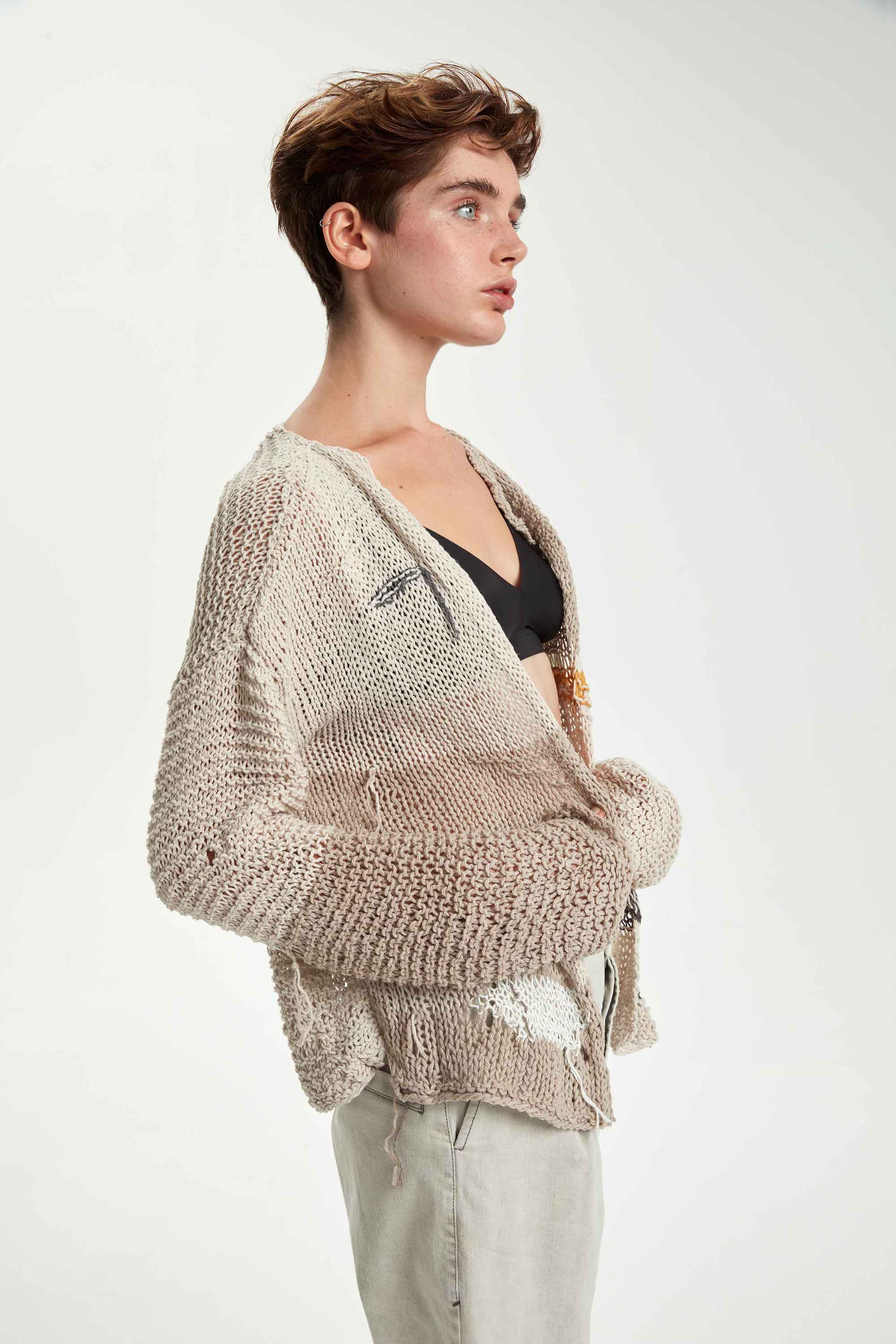 Hand Knitted Cotton Cardigan - Original Light Beige by Umit Unal | 25 South Boutiques