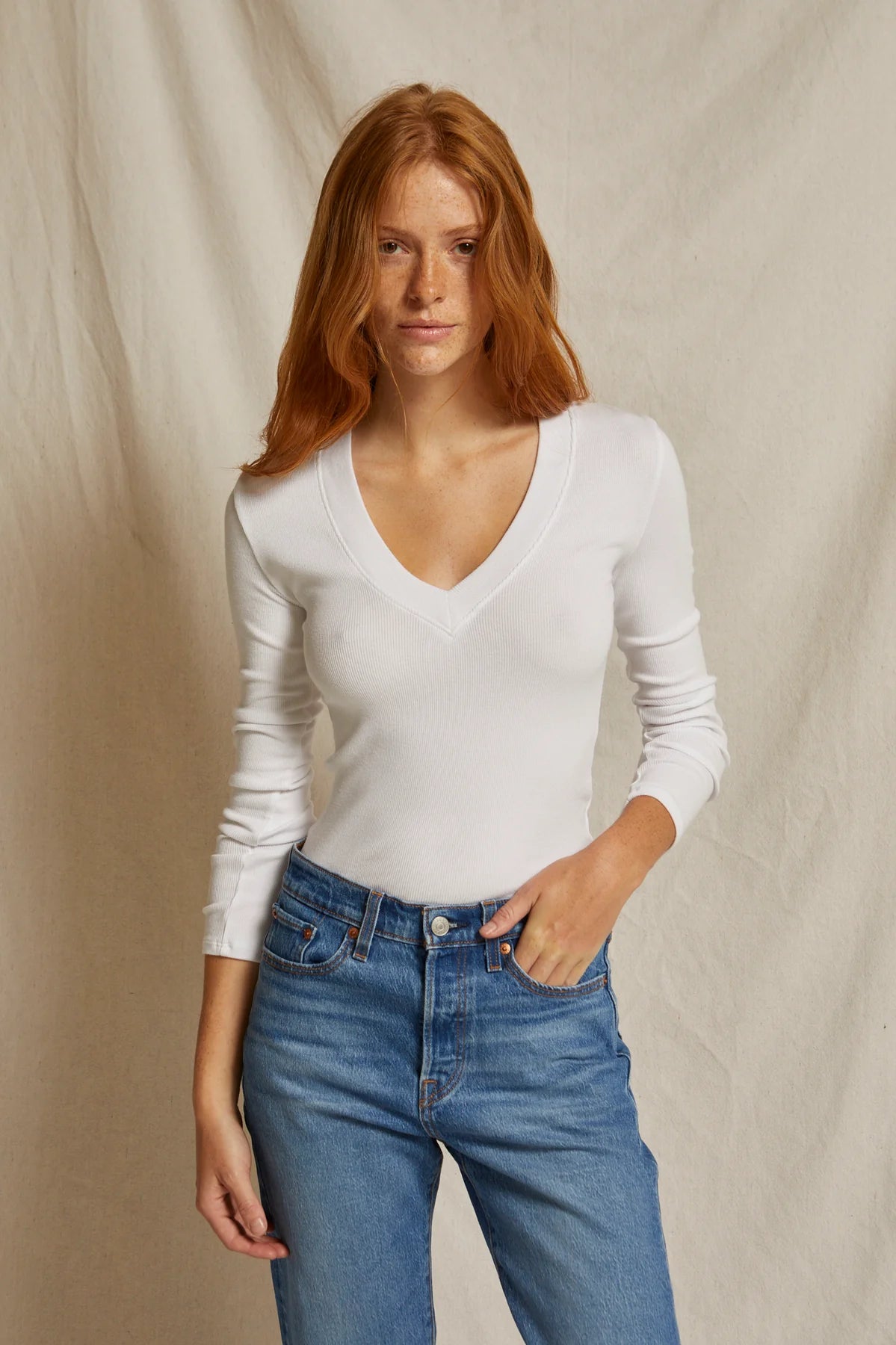 Viola V Neck Long Sleeve - White by perfectwhitetee | 25 South Boutiques
