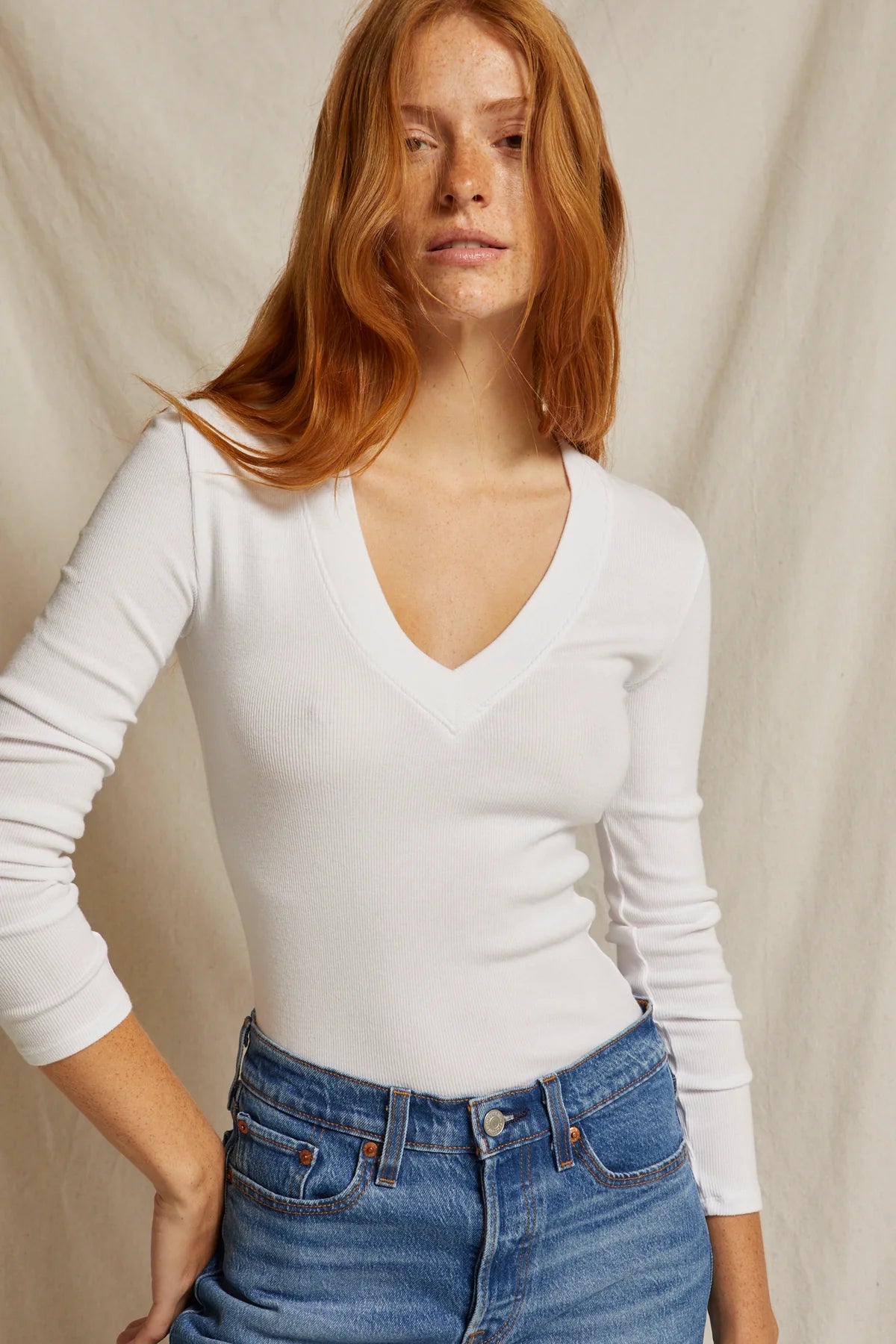 Viola V Neck Long Sleeve - White by perfectwhitetee — alternate view