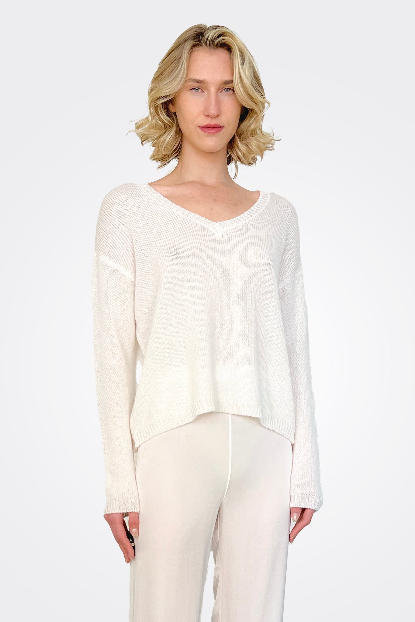 V Neck Cashmere Sweater - White by Private 0204 — alternate view