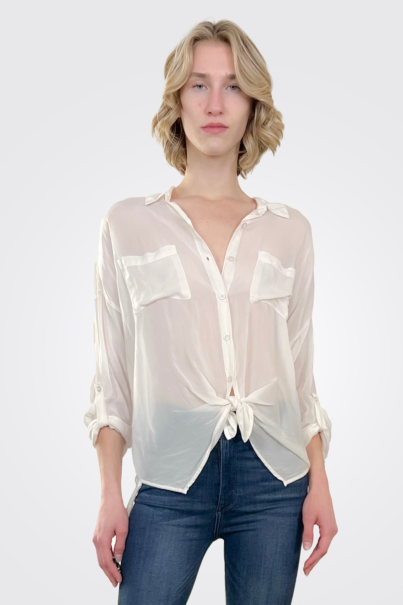Cargo Pocket Tie Front Top - Vintage White by Maven West | 25 South Boutiques