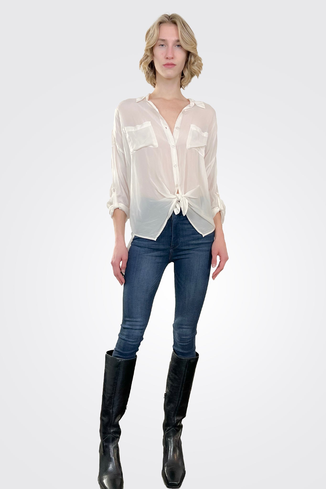 Cargo Pocket Tie Front Top - Vintage White by Maven West — view 3