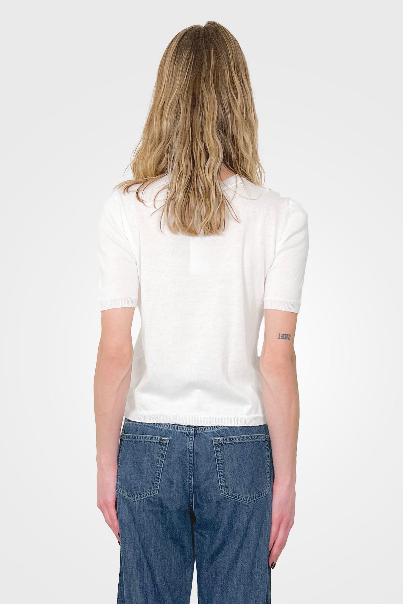 Short Sleeve Crew Neck Sweater - White by Private 0204 — alternate view